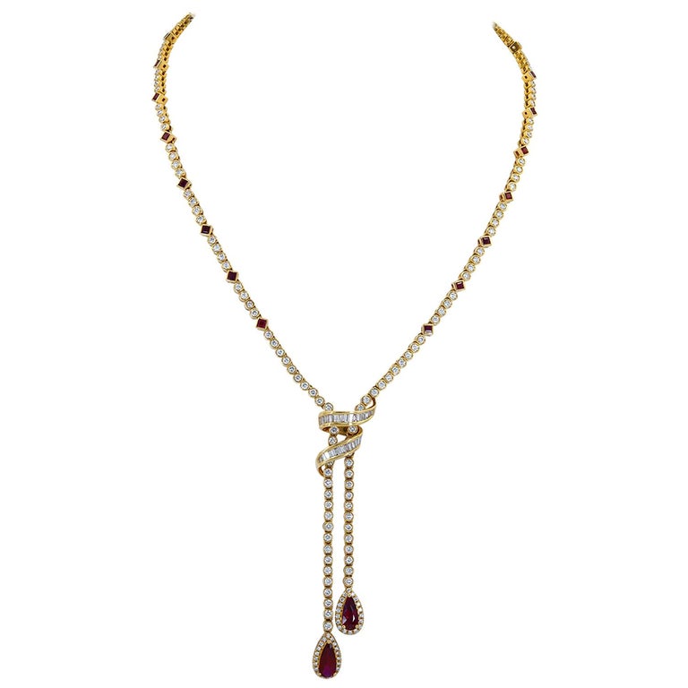 Ruby Diamond Yellow Gold Drop Necklace For Sale at 1stDibs