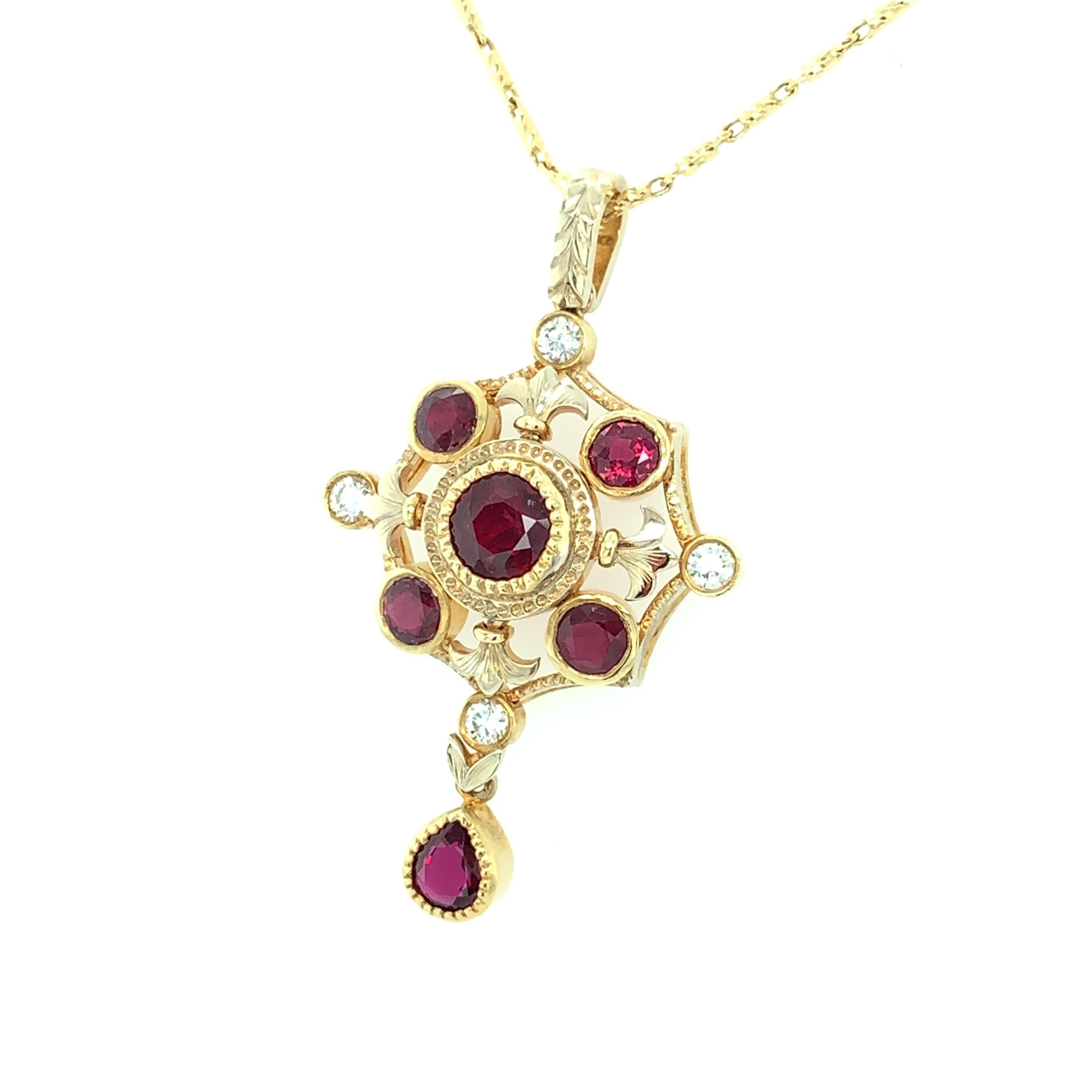 Artisan Ruby and Diamond Renaissance Inspired Necklace in 18k Yellow Gold For Sale