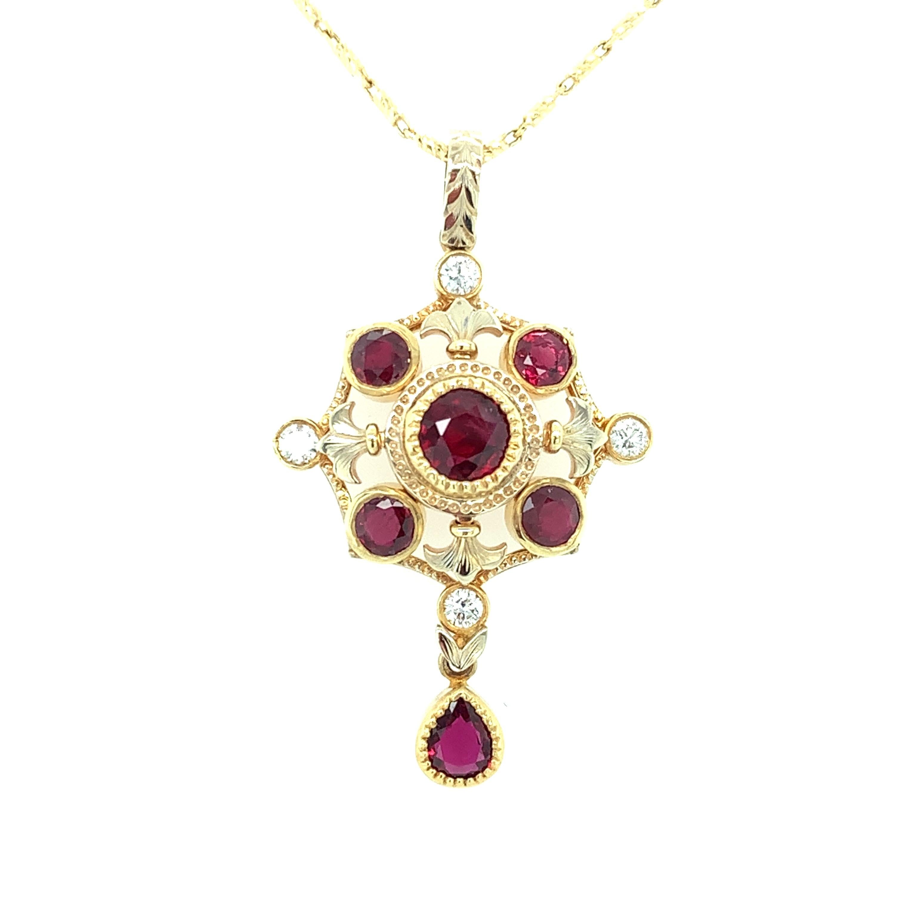 Round Cut Ruby and Diamond Renaissance Inspired Necklace in 18k Yellow Gold For Sale