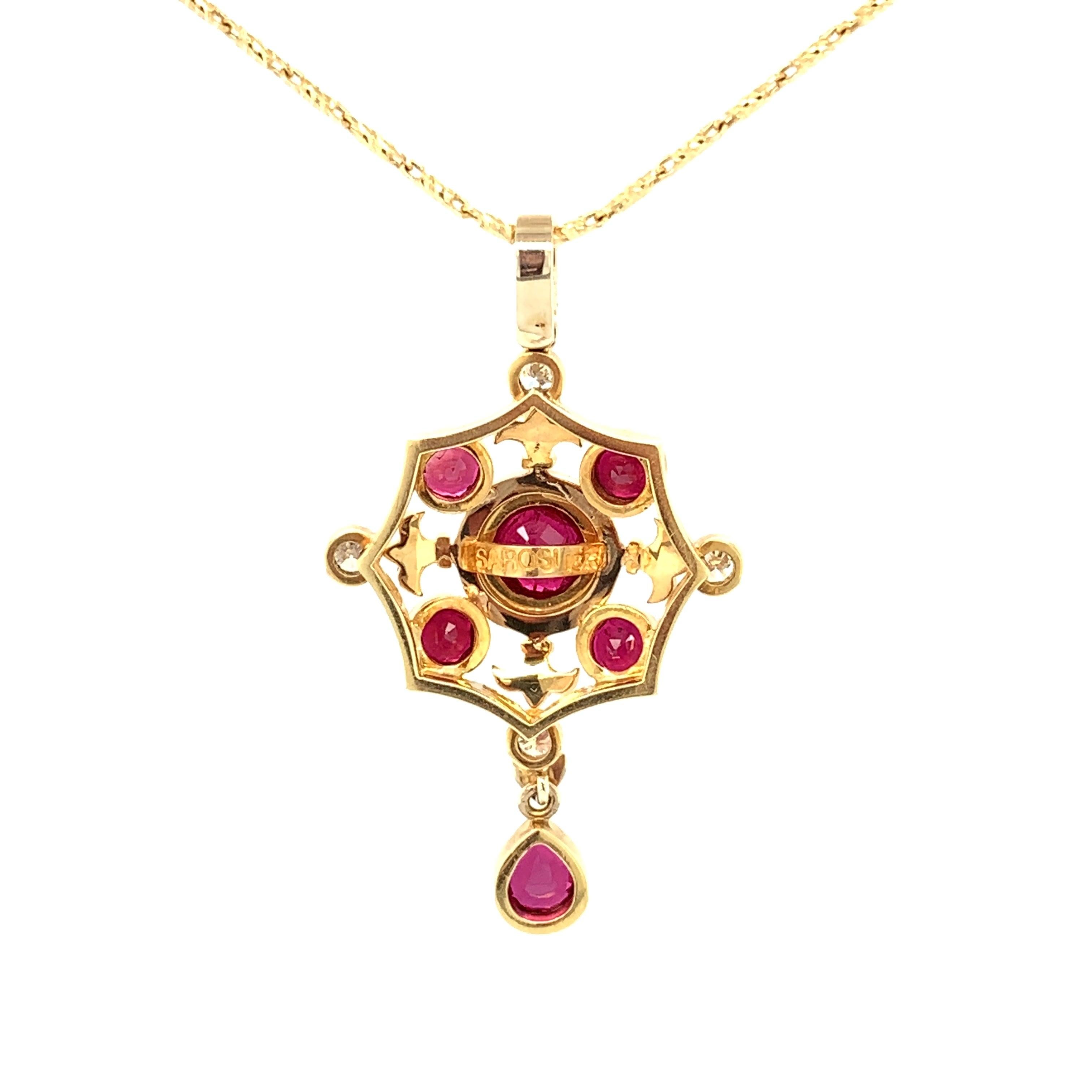Ruby and Diamond Renaissance Inspired Necklace in 18k Yellow Gold In New Condition For Sale In Los Angeles, CA