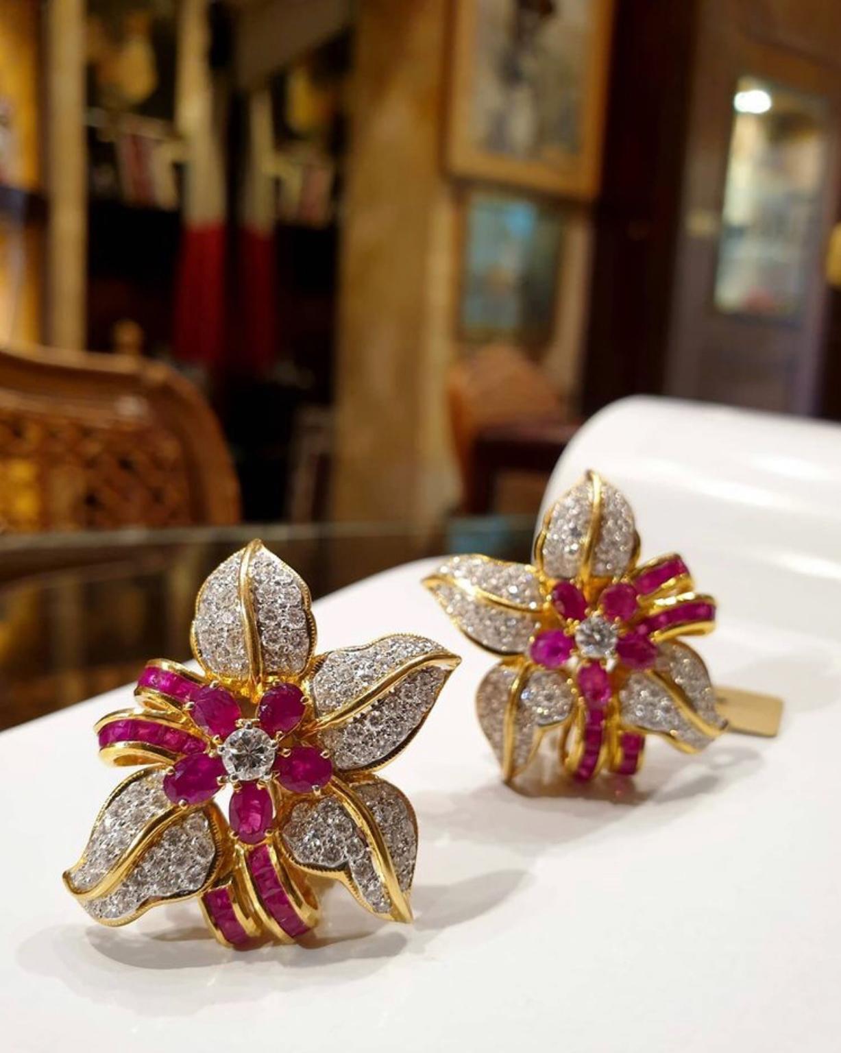 Mixed Cut Ruby & Diamond Yellow Gold Flower Earrings 