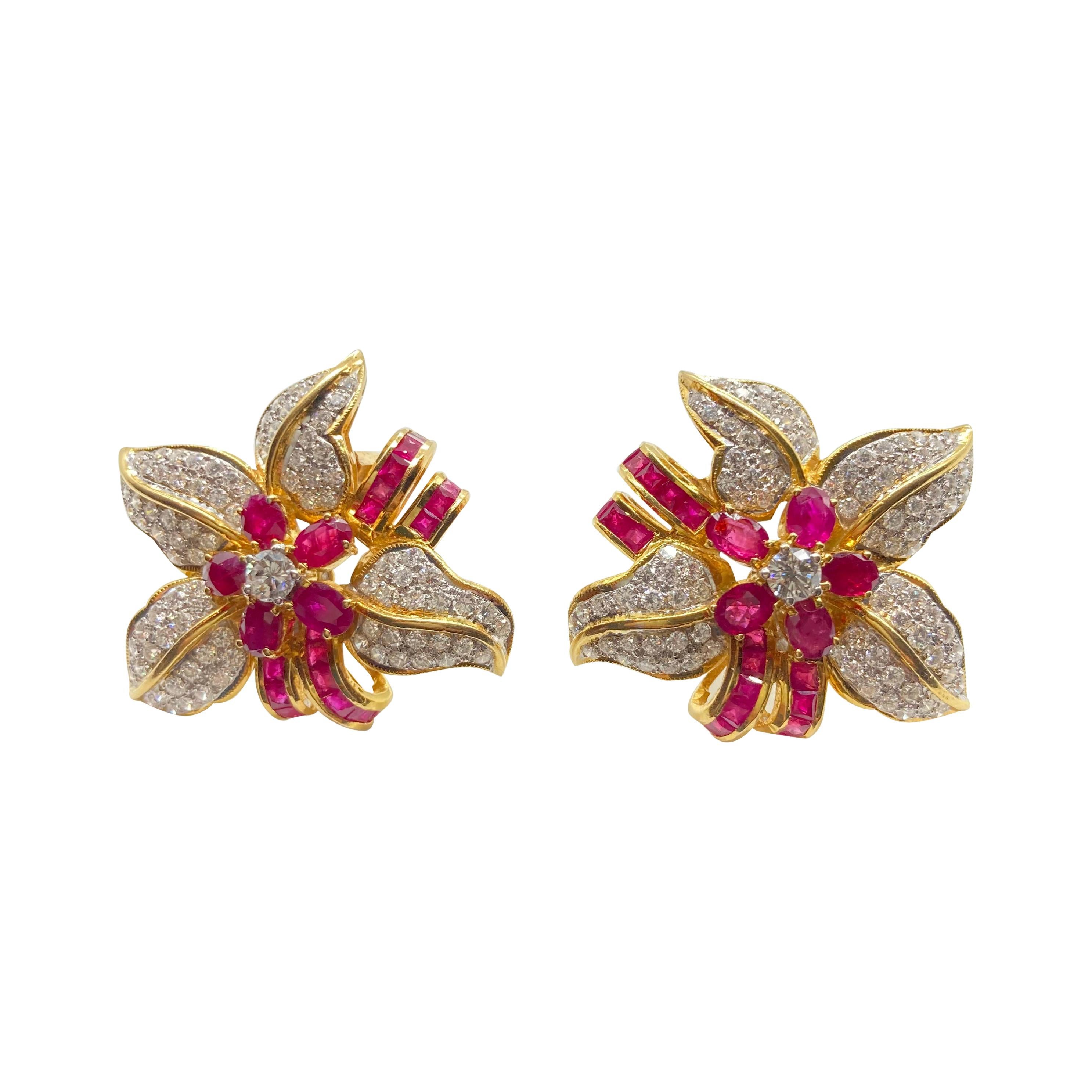 Ruby & Diamond Yellow Gold Flower Earrings 