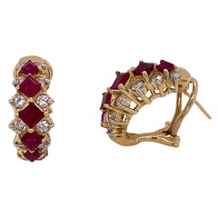 Ruby Diamond Yellow Gold Half Hoop Earrings Leverbacks