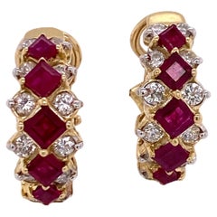 Ruby Diamond Yellow Gold Half Hoop Earrings Leverbacks