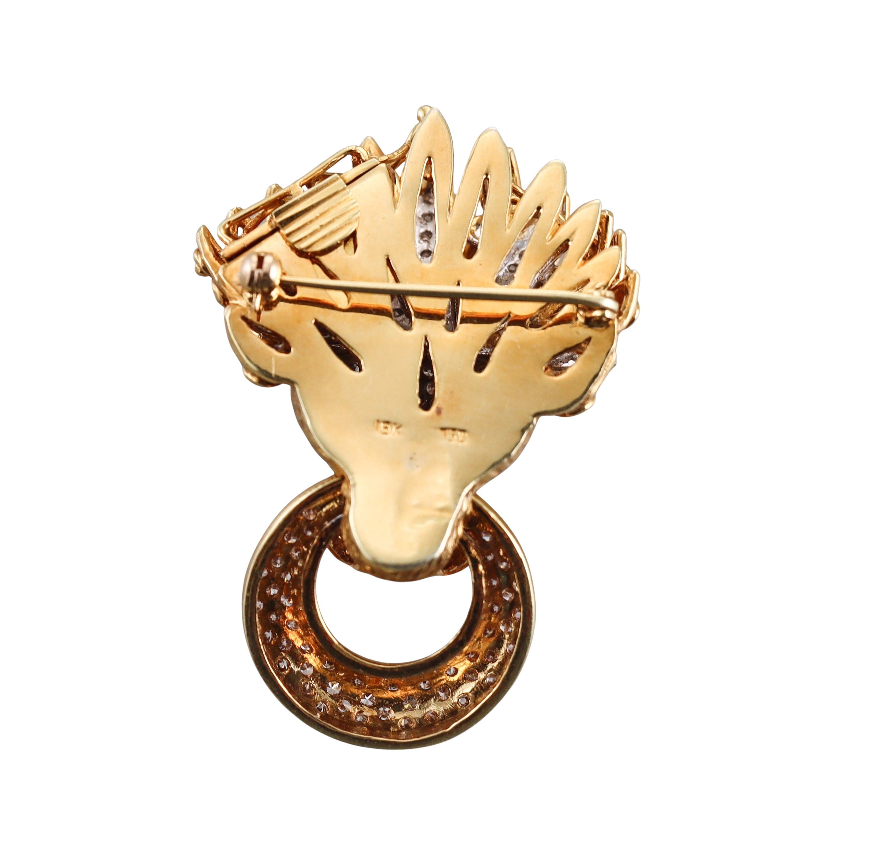 Round Cut Ruby Diamond Yellow Gold Lion Doorknocker Pendant Brooch For Sale