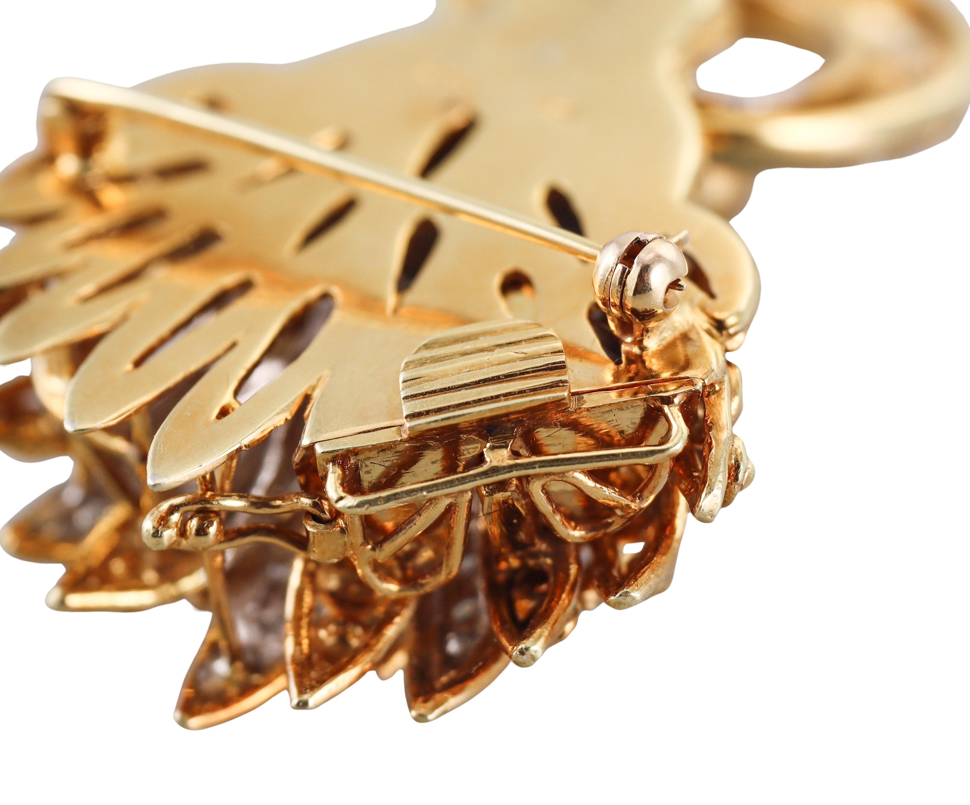 Ruby Diamond Yellow Gold Lion Doorknocker Pendant Brooch In Excellent Condition For Sale In New York, NY