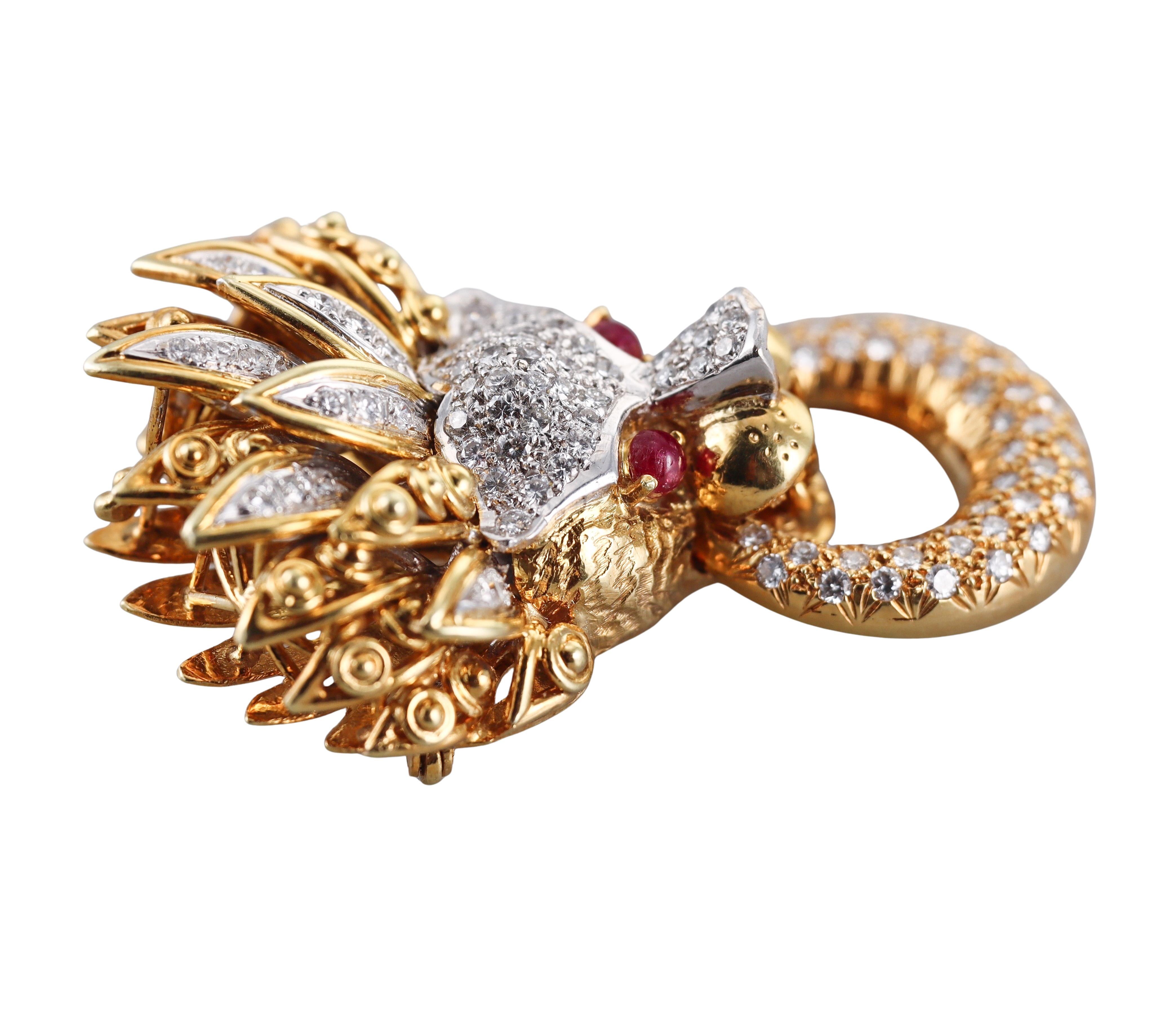 Women's Ruby Diamond Yellow Gold Lion Doorknocker Pendant Brooch For Sale