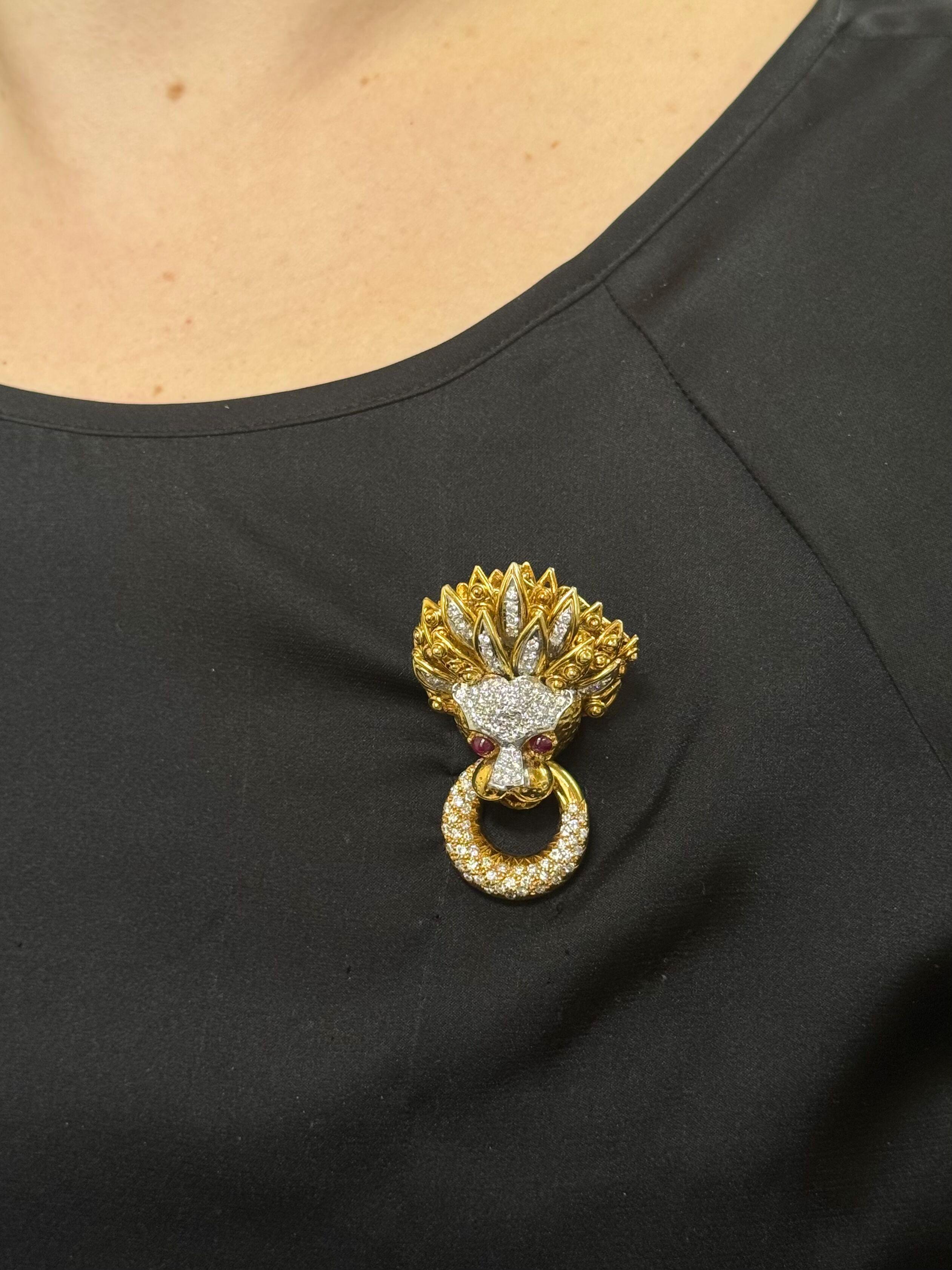 Ruby Diamond Yellow Gold Lion Doorknocker Pendant Brooch For Sale 2