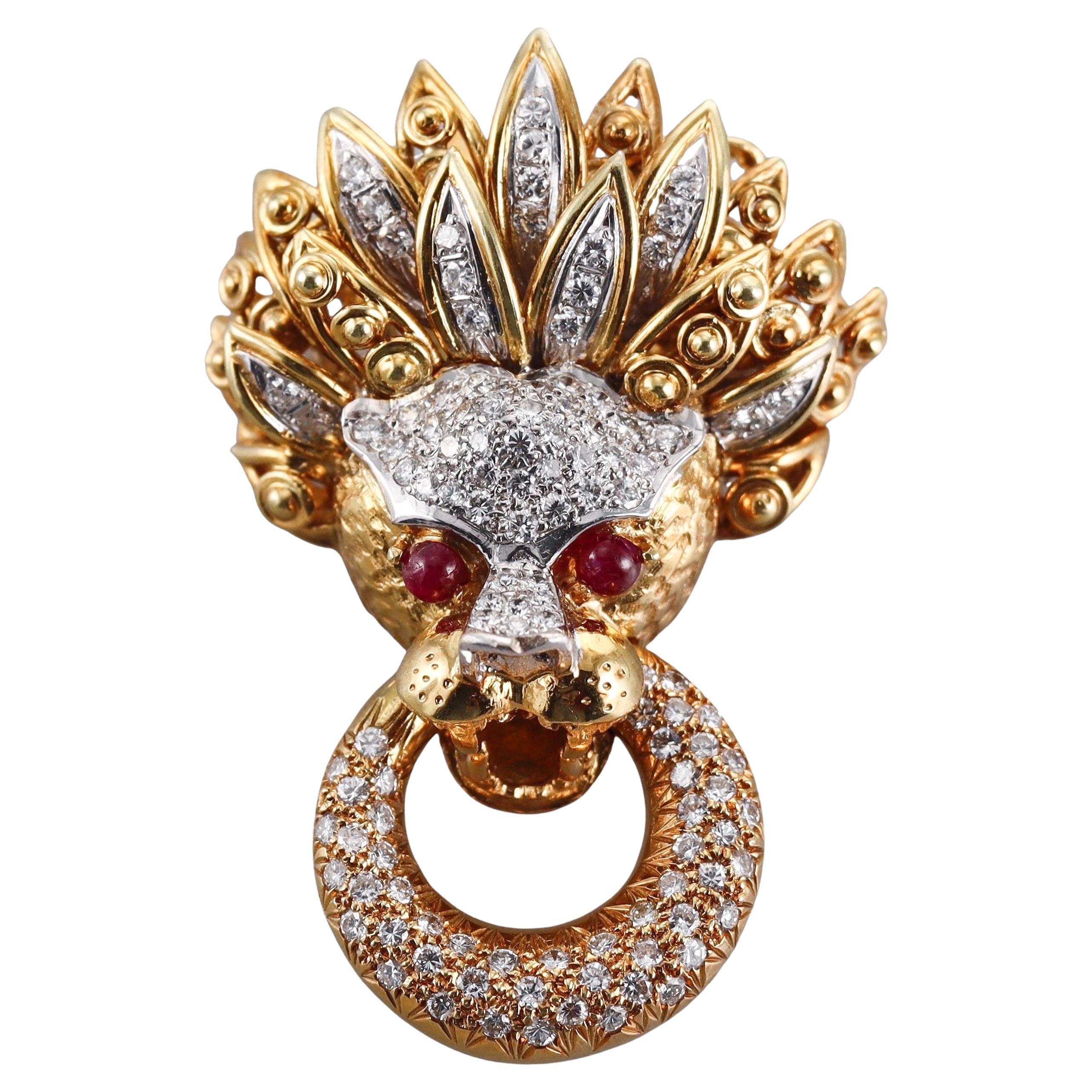 Ruby Diamond Yellow Gold Lion Doorknocker Pendant Brooch
