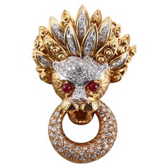 Ruby Diamond Yellow Gold Lion Doorknocker Pendant Brooch