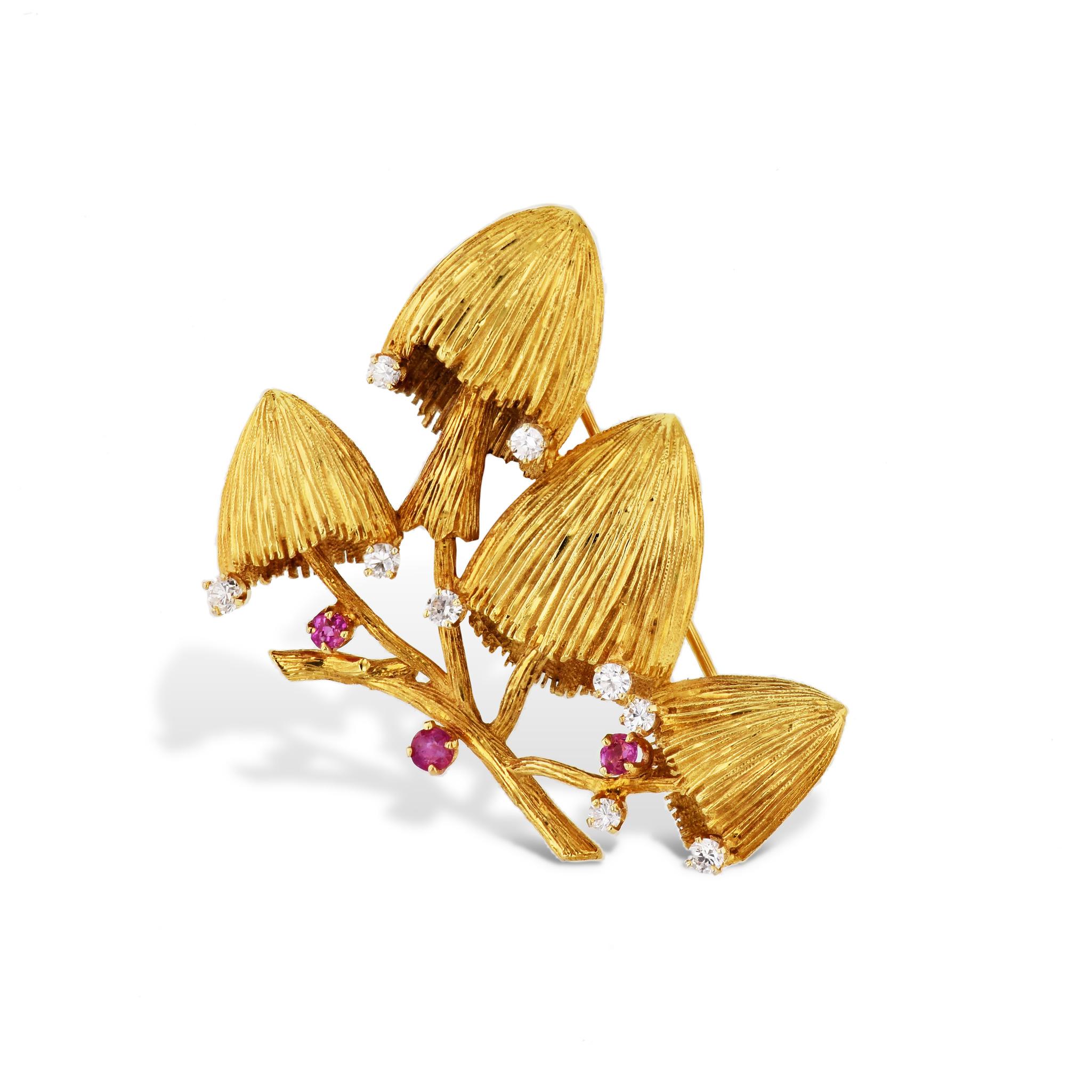Modern Ruby Diamond Yellow Gold Mushroom Estate Brooch For Sale