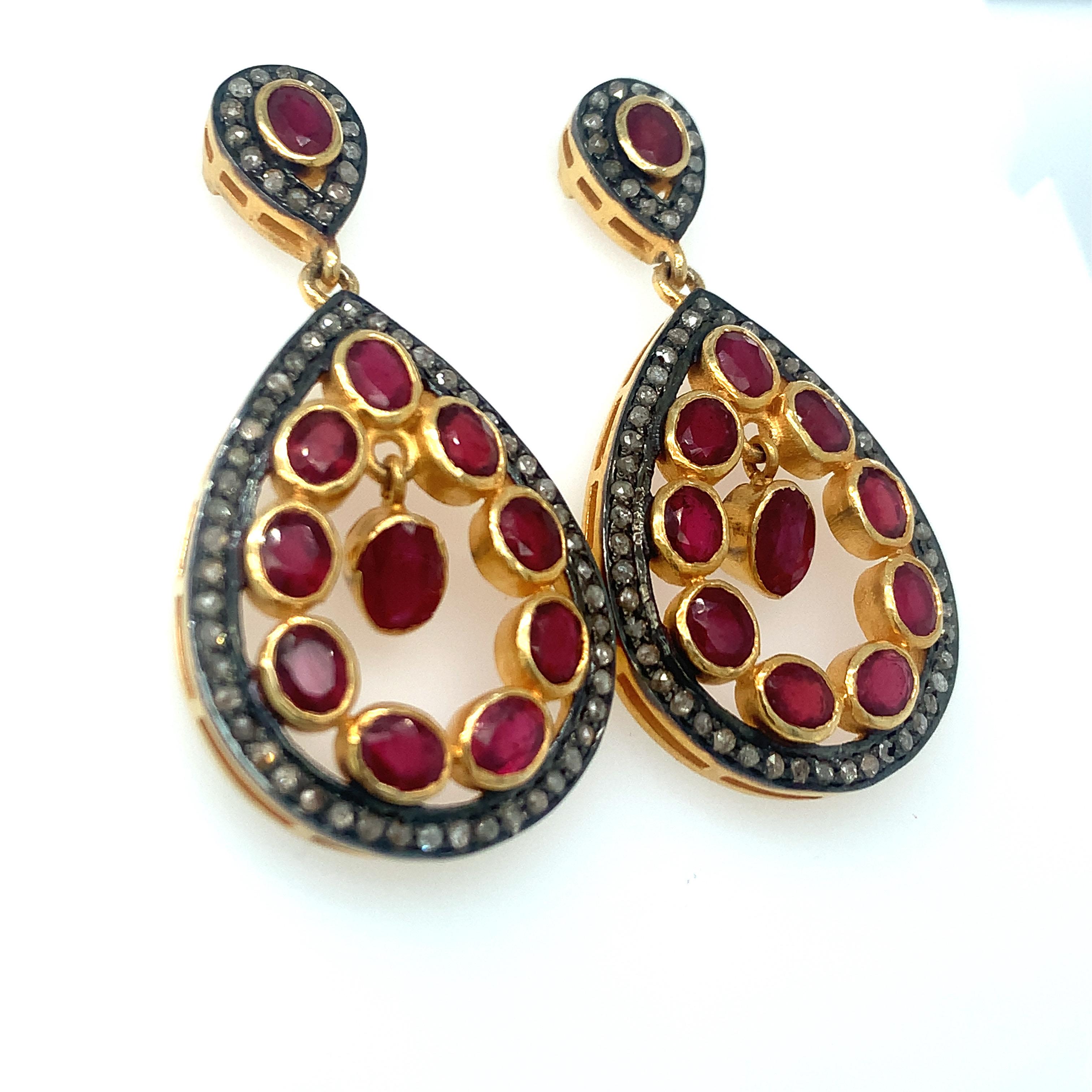Victorian Ruby Diamond Yellow Gold Vermeil Chandelier Earrings For Sale