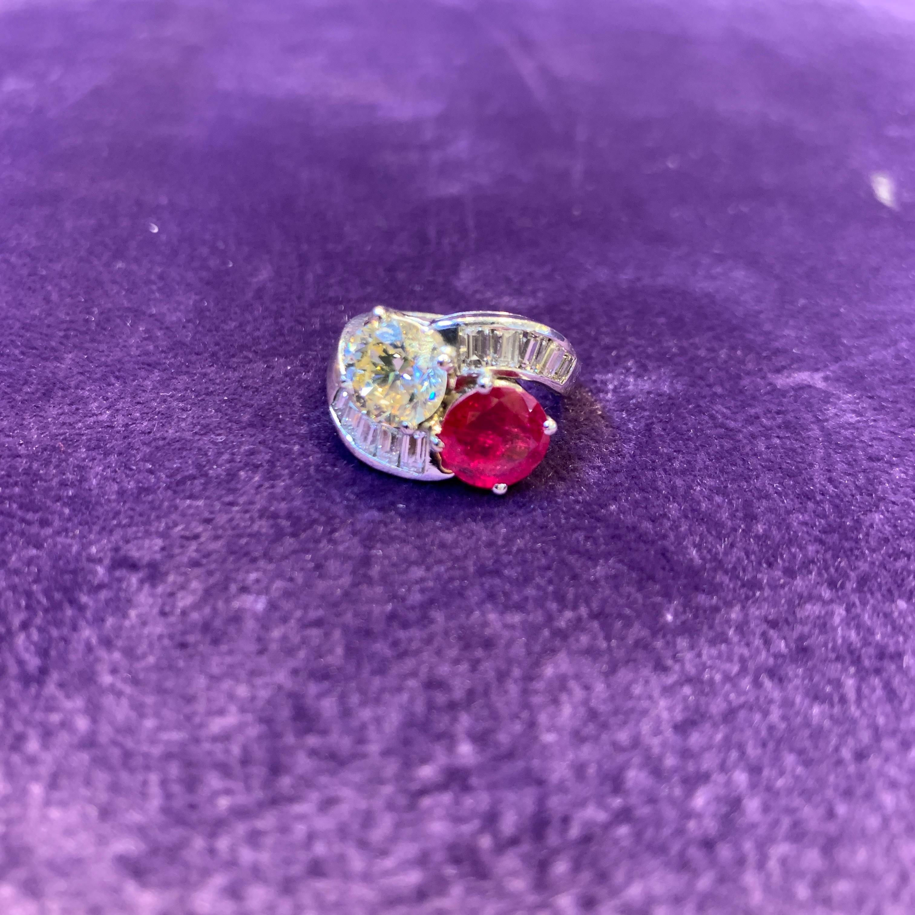 Round Cut Ruby & Diamond You & Me Ring For Sale