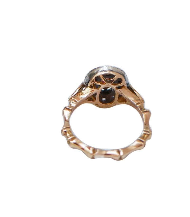 Anillo de rubí, diamantes, oro rosa de 14 quilates y plata. Retro en venta