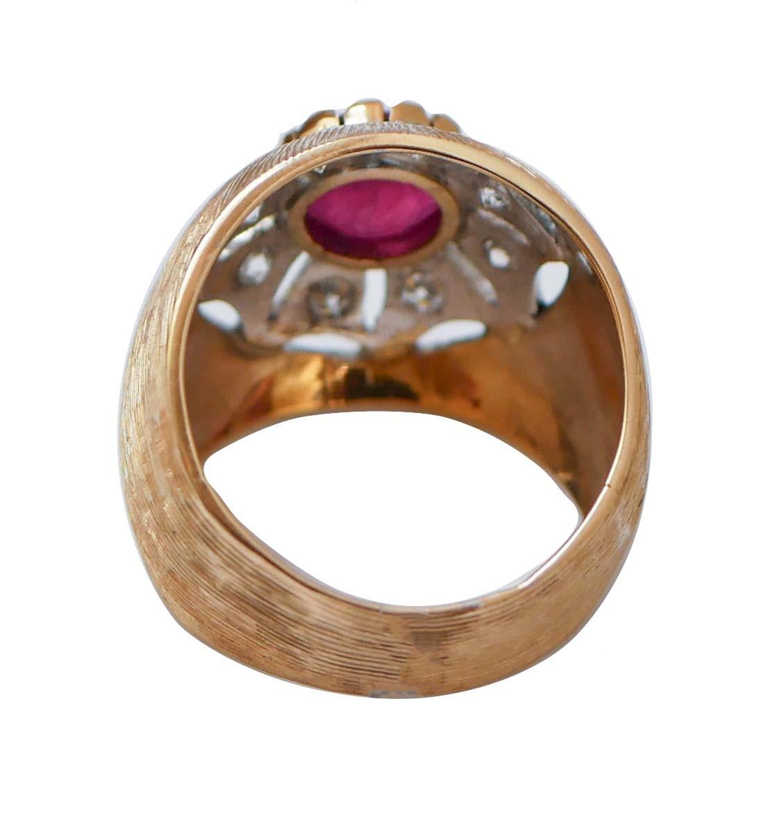 Retro Ruby, Diamonds, 18 Karat Rose Gold Ring. For Sale