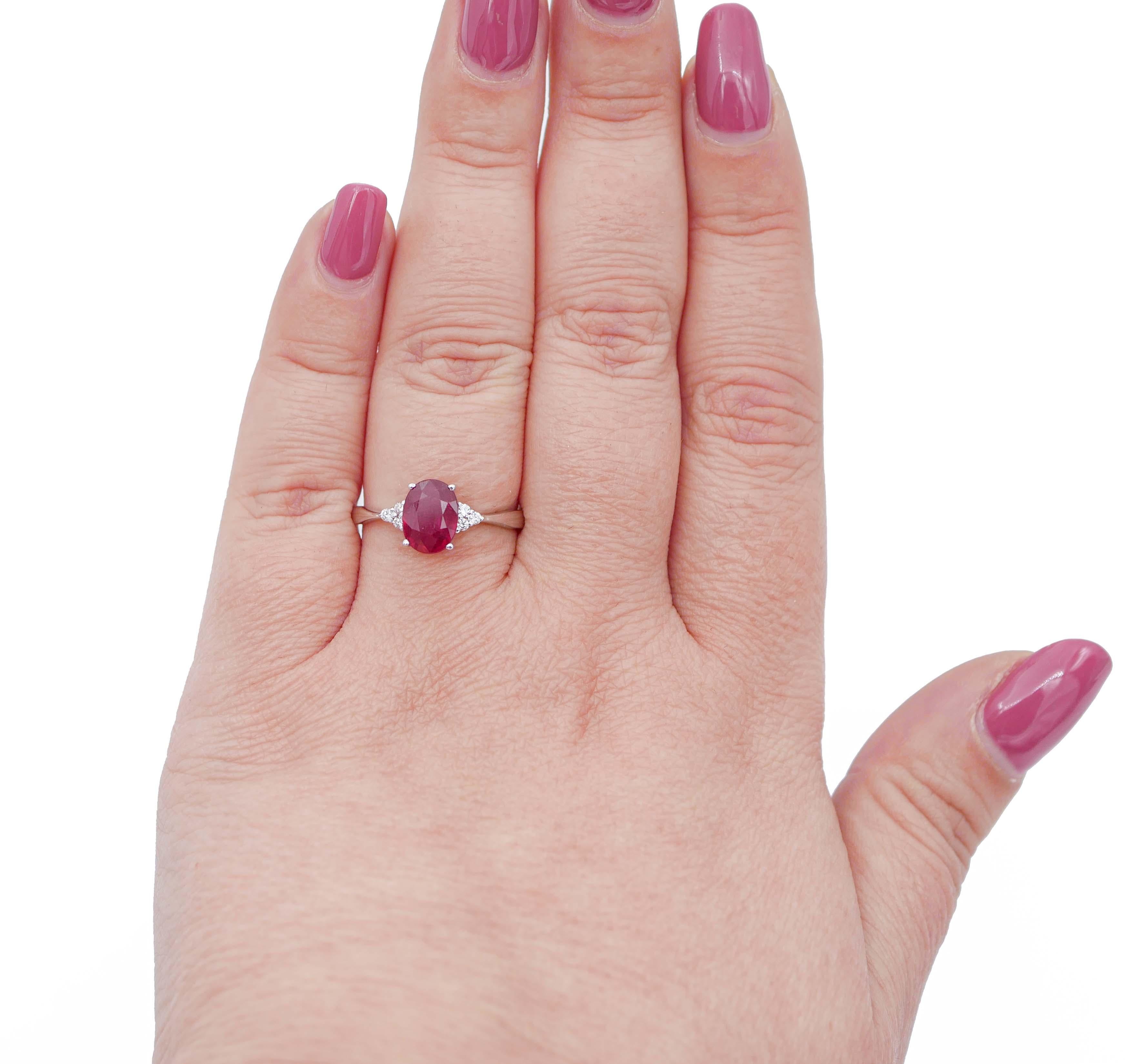 Mixed Cut Ruby, Diamonds, 18 Karat White Gold Engagement Ring