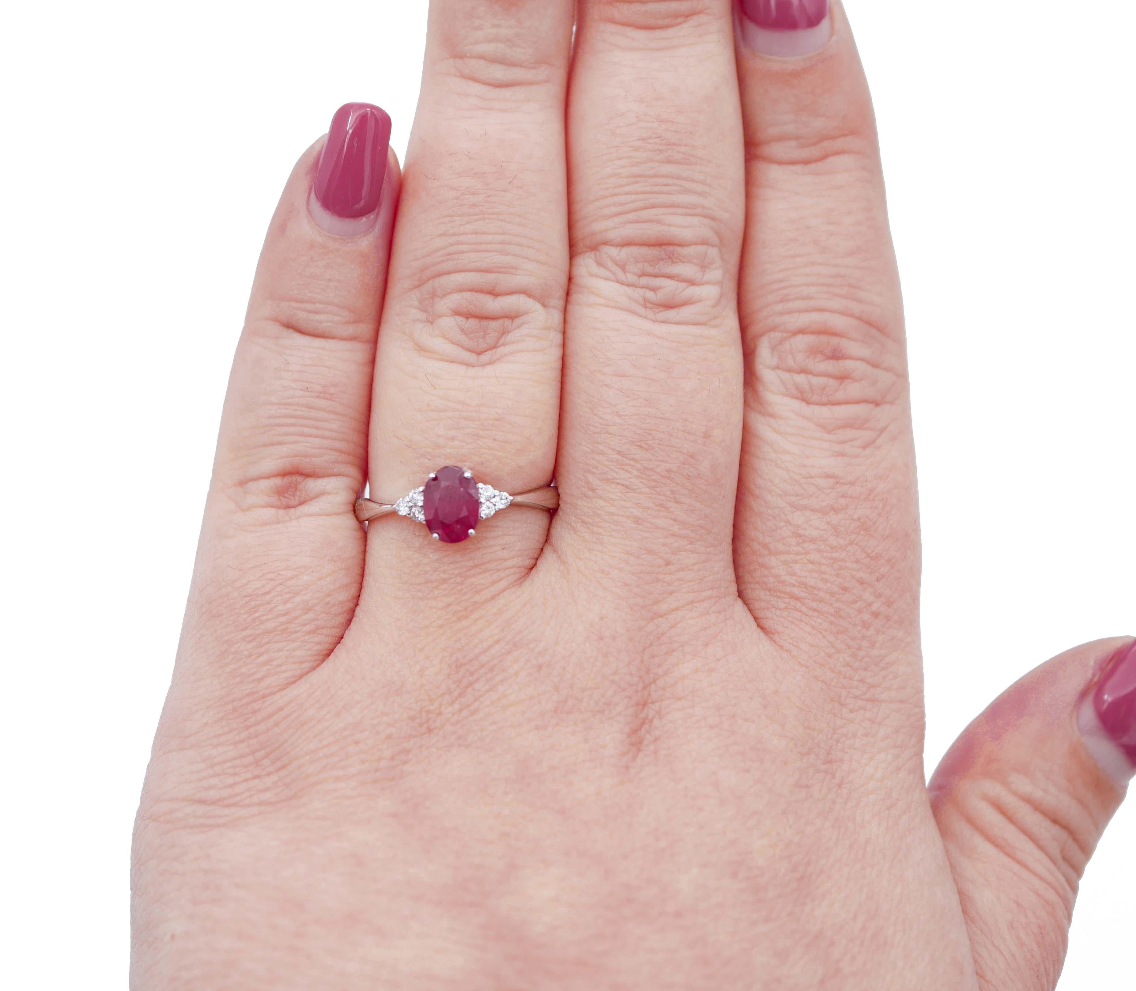 Mixed Cut Ruby, Diamonds, 18 Karat White Gold Engagement Ring For Sale