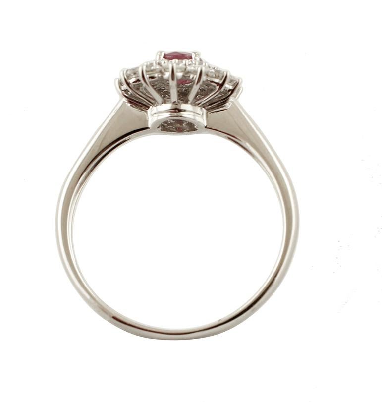 Brilliant Cut Ruby, Diamonds, 18 Karat White Gold Engagement Ring For Sale