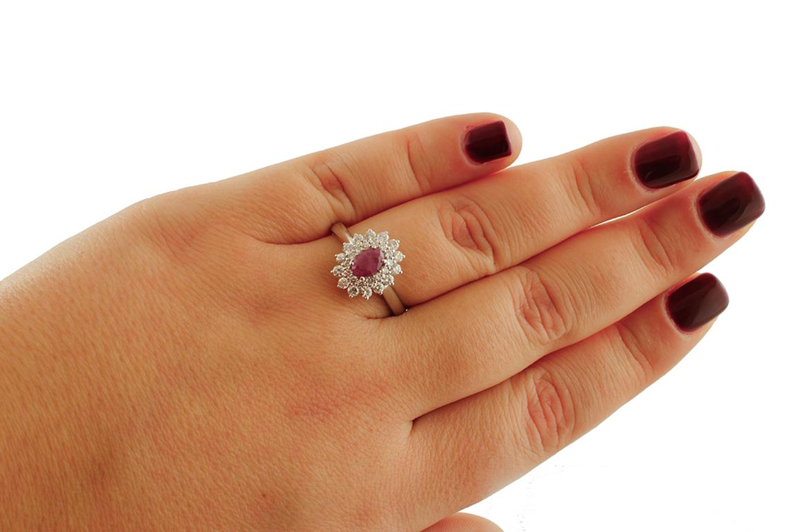 Women's Ruby, Diamonds, 18 Karat White Gold Engagement Ring For Sale