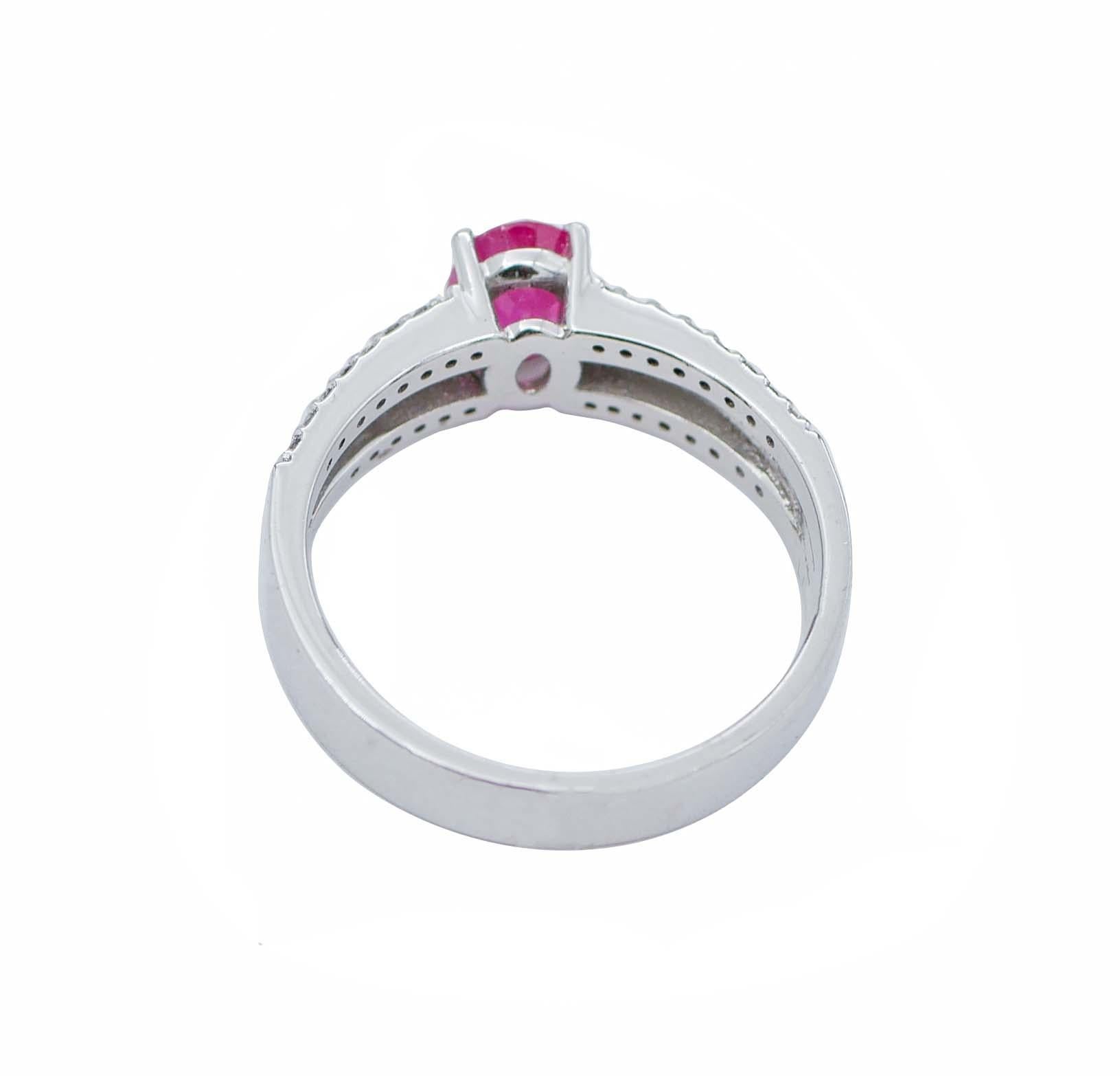 Mixed Cut Ruby, Diamonds, 18 Karat White Gold Modern Ring For Sale