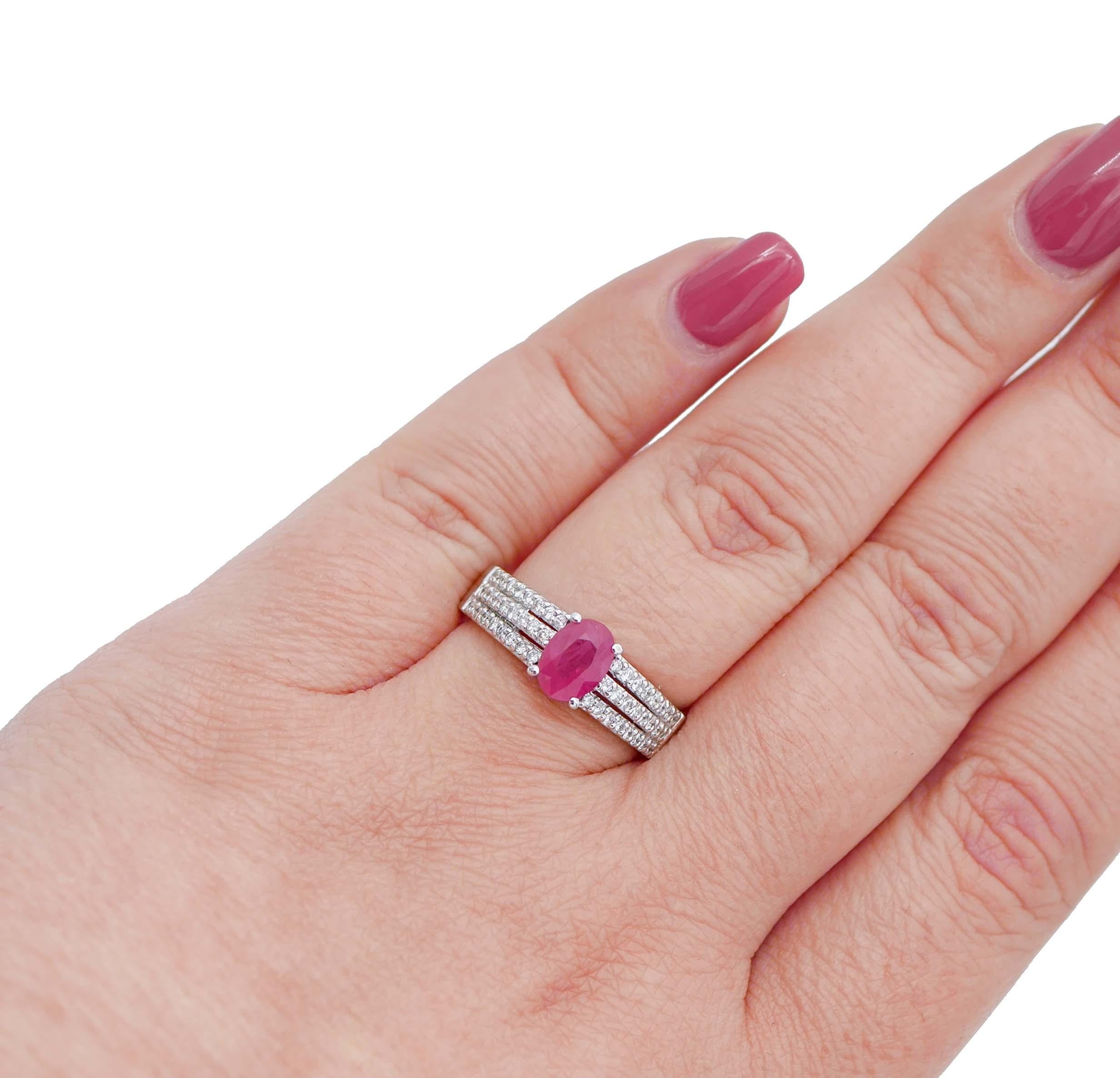 Women's Ruby, Diamonds, 18 Karat White Gold Modern Ring For Sale