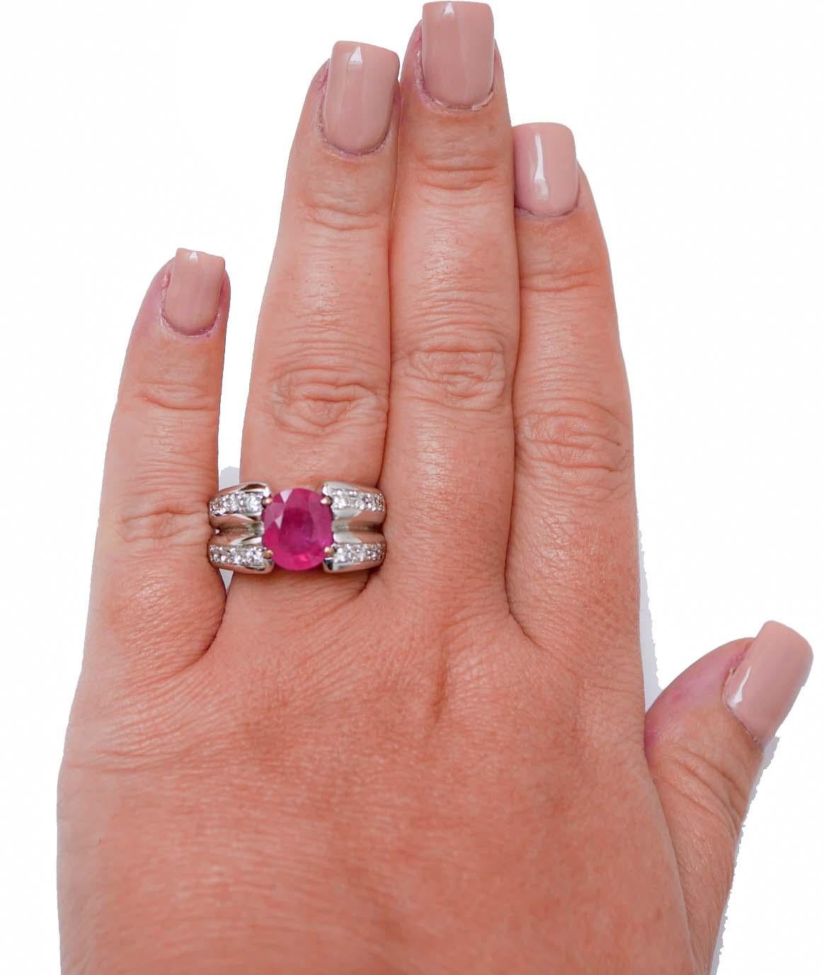 Mixed Cut Ruby, Diamonds, 18 Karat White Gold Ring. For Sale