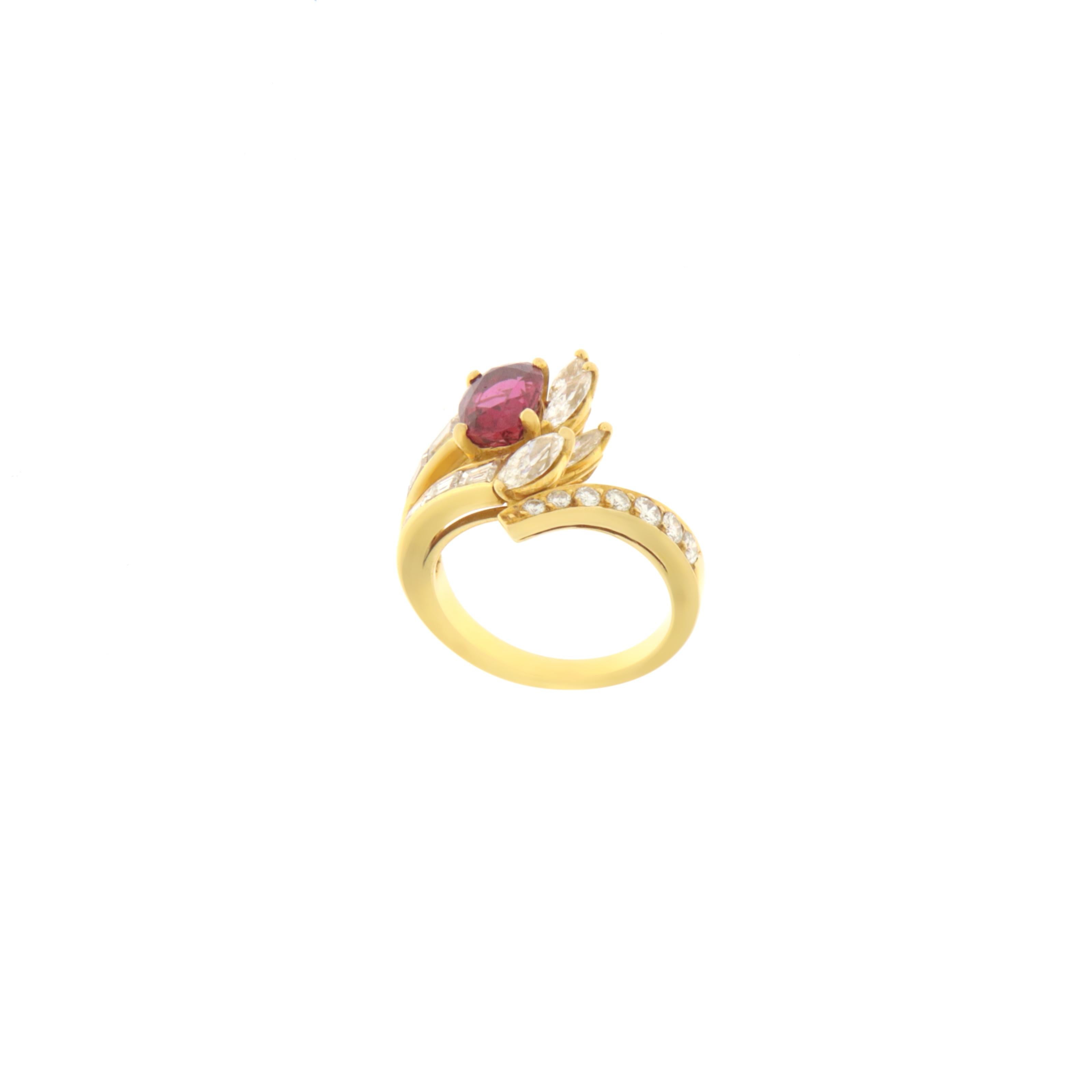 Women's Ruby Diamonds 18 Karat Yellow Gold Cocktail Ring For Sale