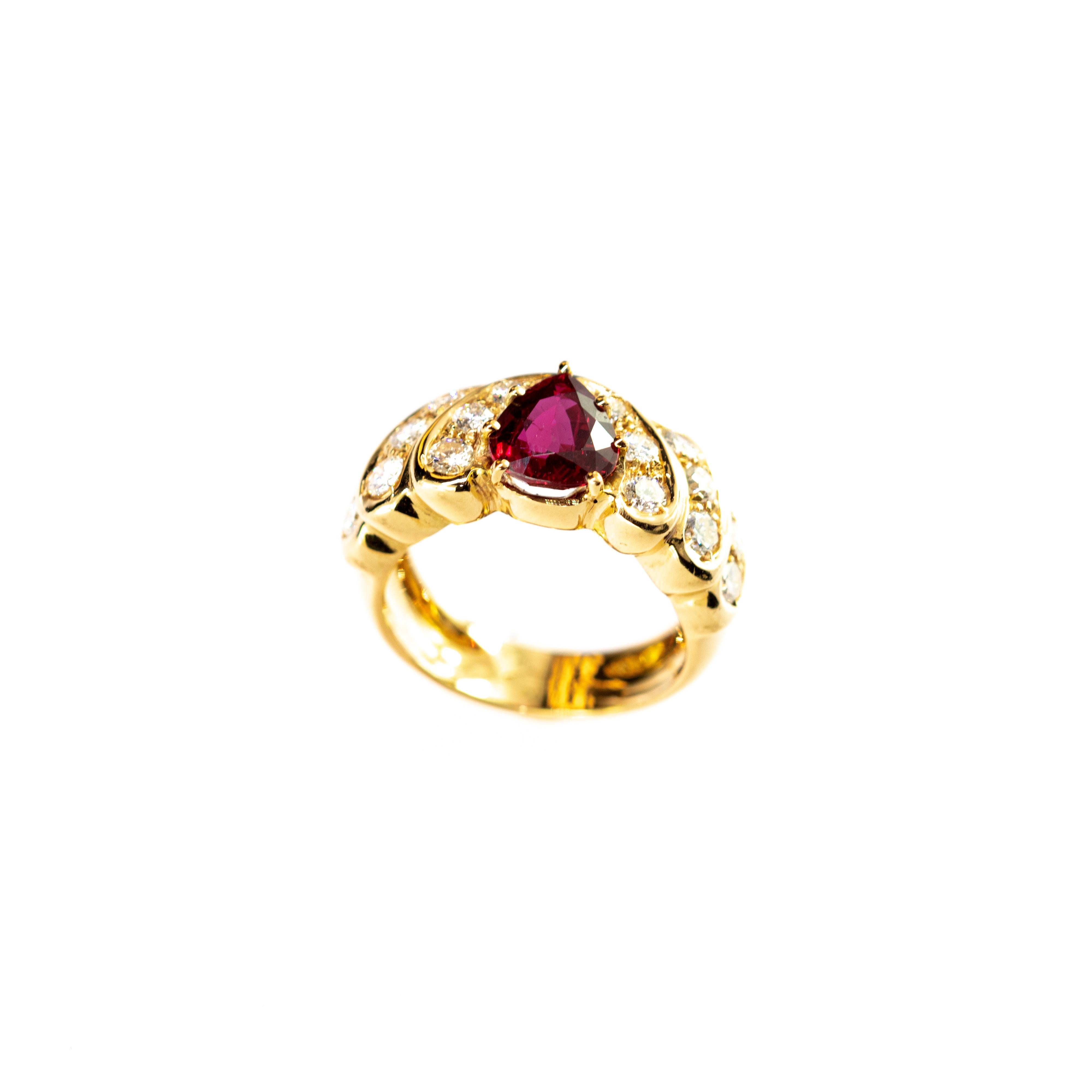 Women's Ruby Diamond 18 Karat Yellow Gold Pear Cluster Legacy Woven Cocktail Ring