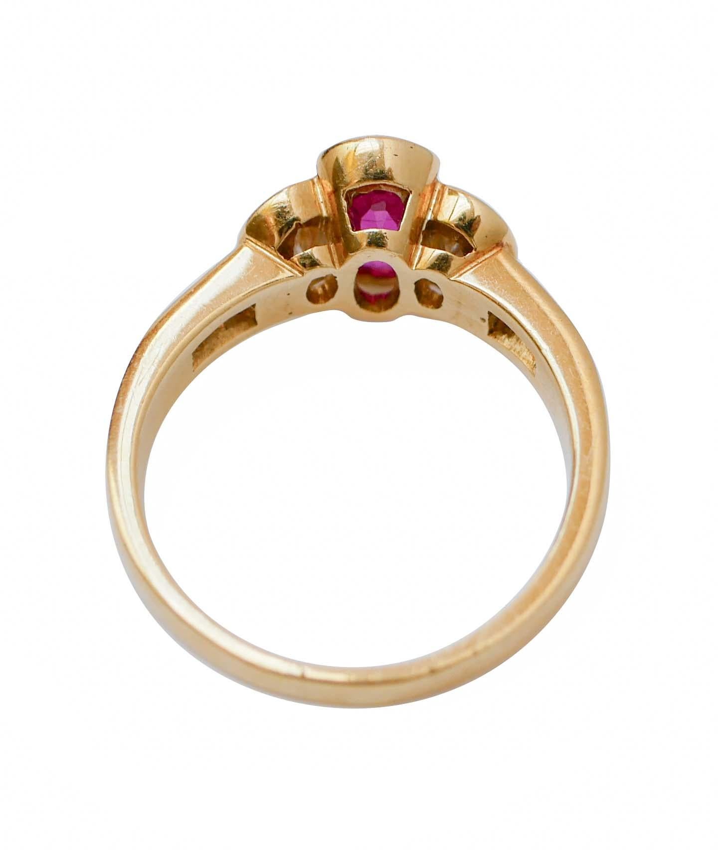 Retro Ruby, Diamonds, 18 Karat Yellow Gold Ring. For Sale