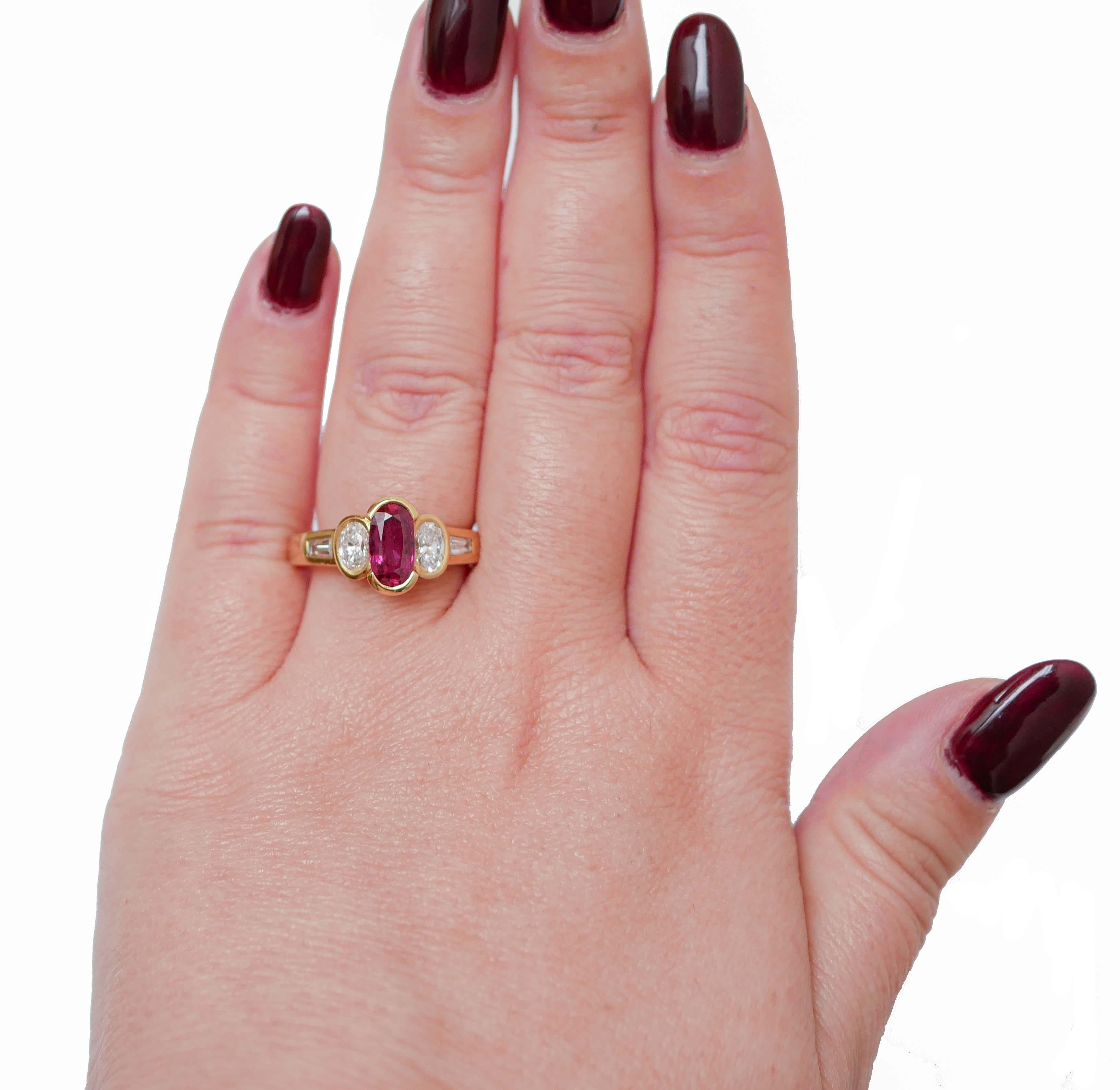 Mixed Cut Ruby, Diamonds, 18 Karat Yellow Gold Ring. For Sale