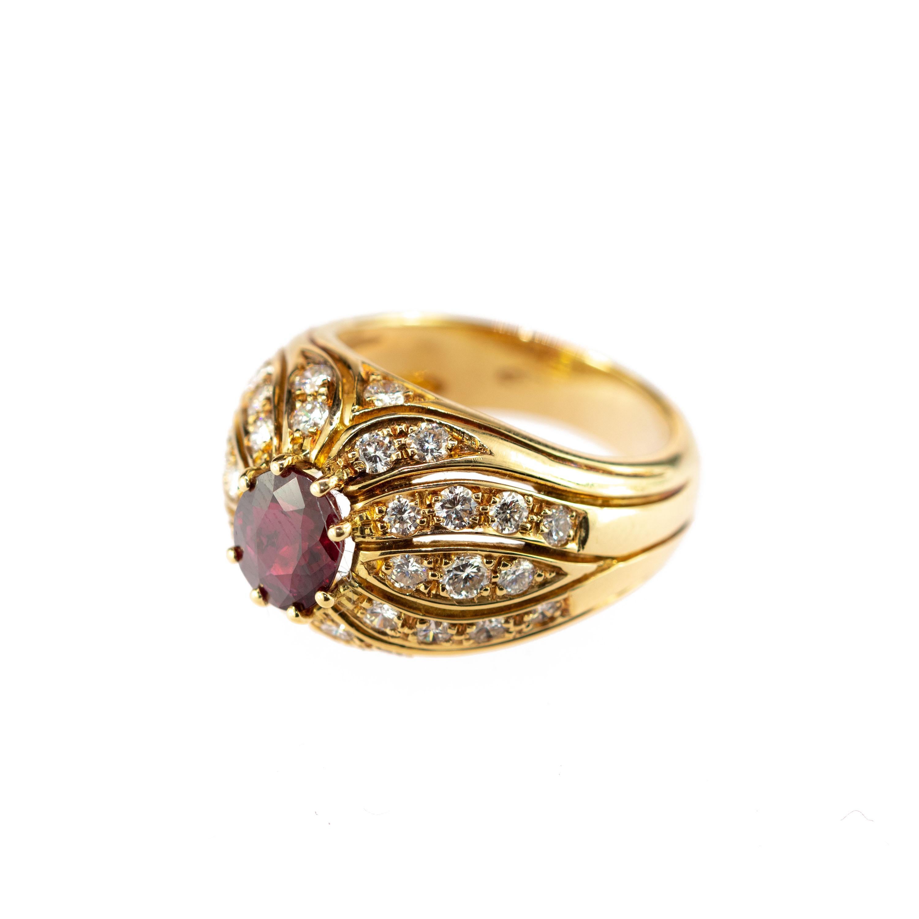 Ruby Diamond 18 Karat Yellow Gold Round Cluster Dome Legacy Vintage Ring For Sale 1