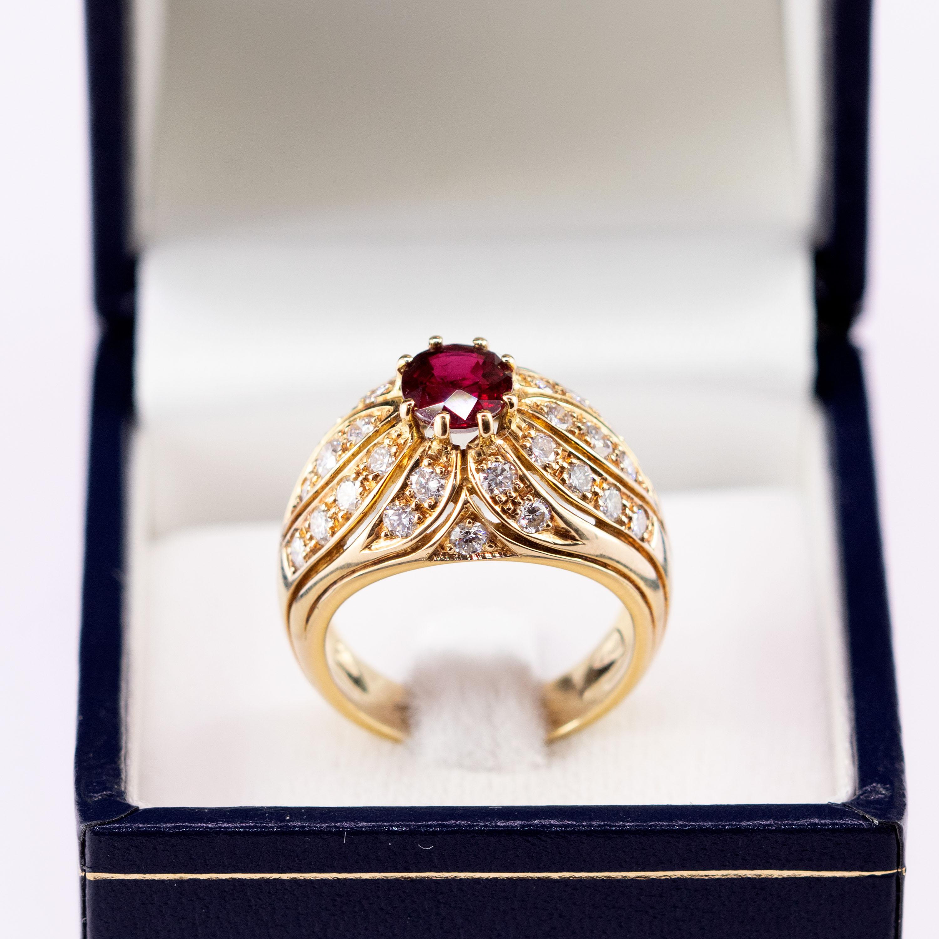 Ruby Diamond 18 Karat Yellow Gold Round Cluster Dome Legacy Vintage Ring For Sale 2