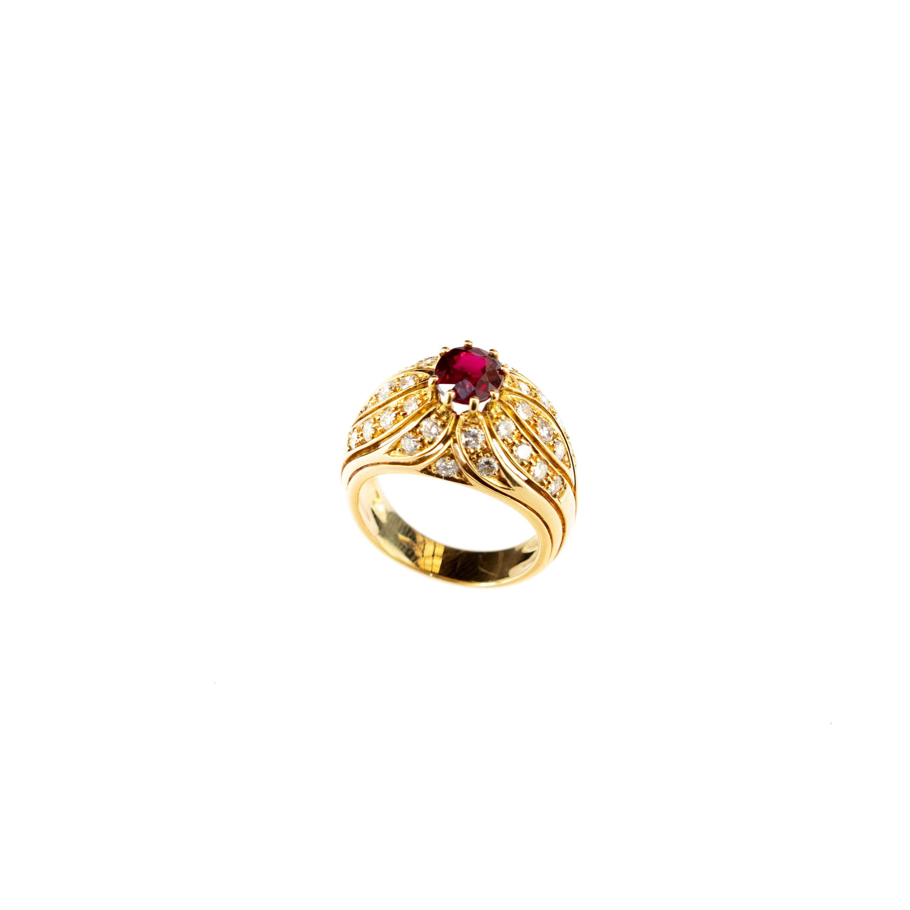 Romantic Ruby Diamond 18 Karat Yellow Gold Round Cluster Dome Legacy Vintage Ring For Sale