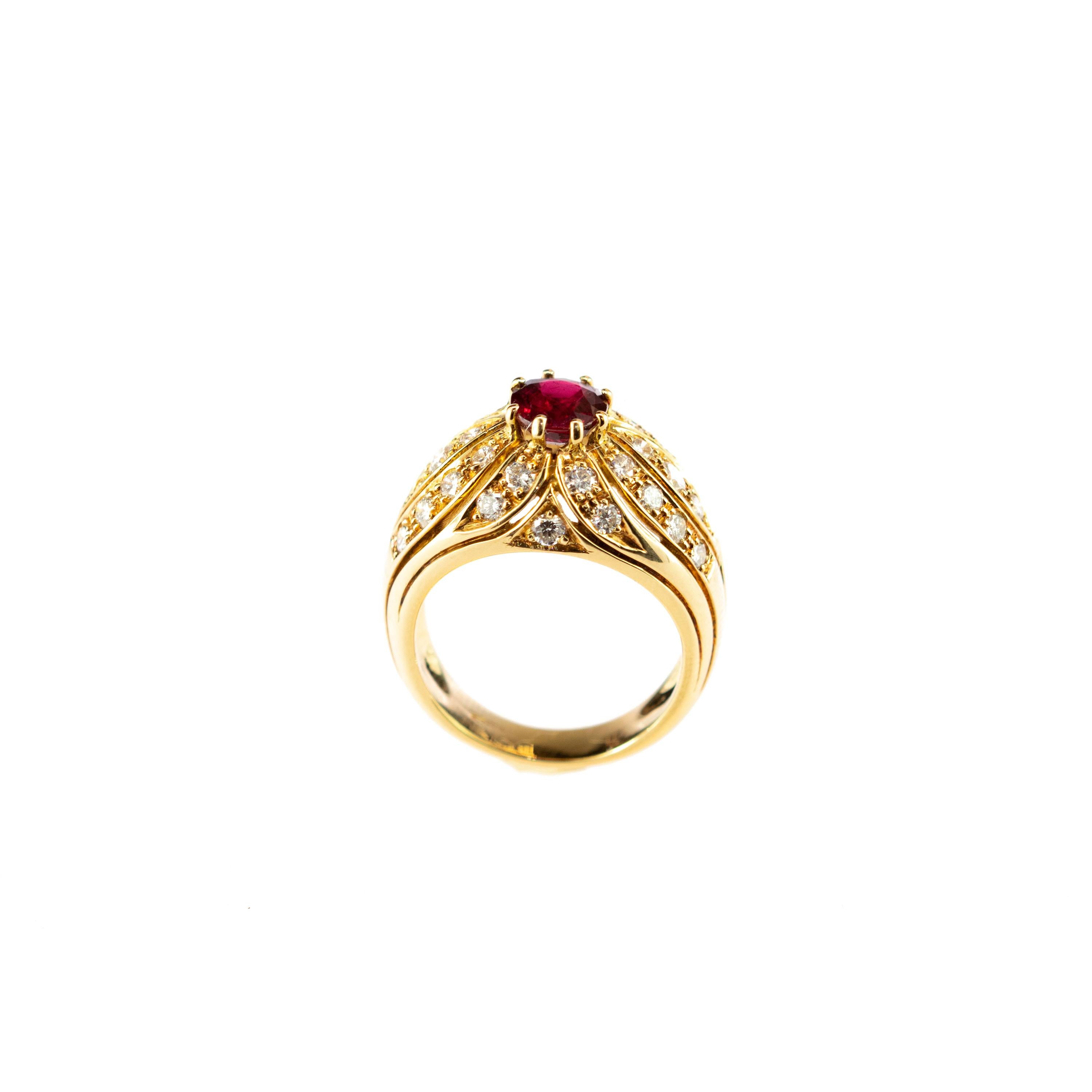Round Cut Ruby Diamond 18 Karat Yellow Gold Round Cluster Dome Legacy Vintage Ring For Sale