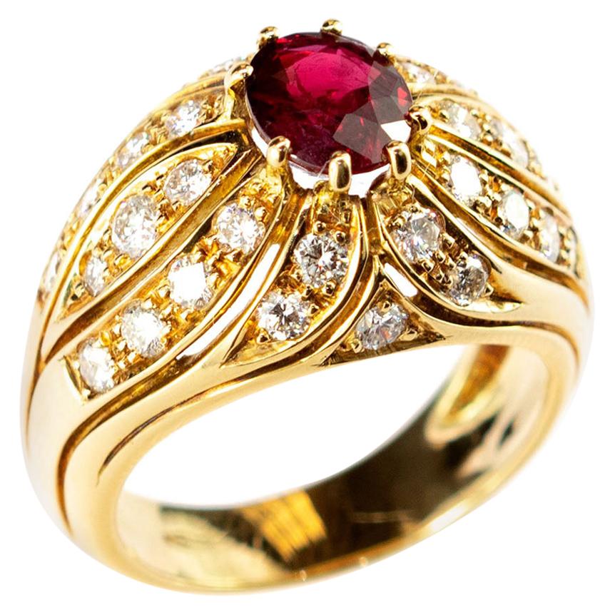 Ruby Diamond 18 Karat Yellow Gold Round Cluster Dome Legacy Vintage Ring For Sale