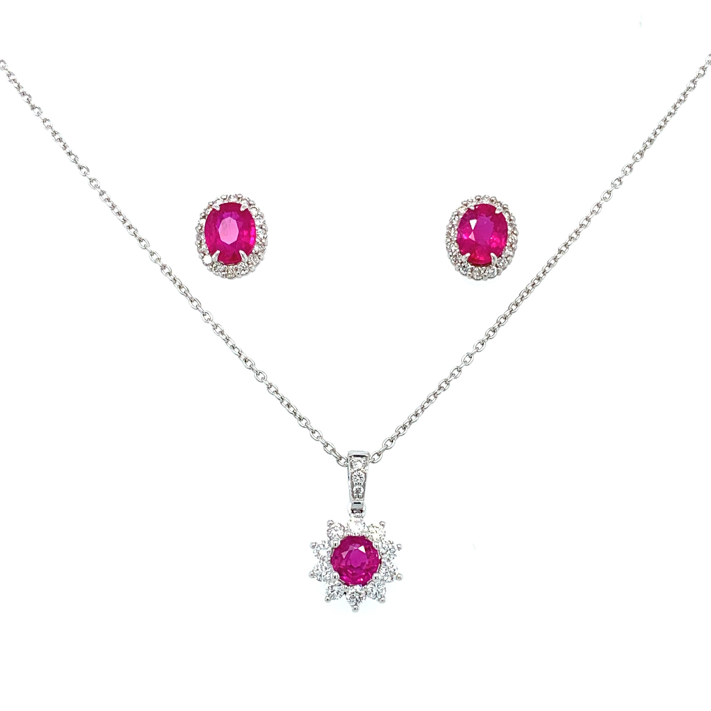 Round Cut Ruby diamonds art deco jewellery set 18k white gold For Sale