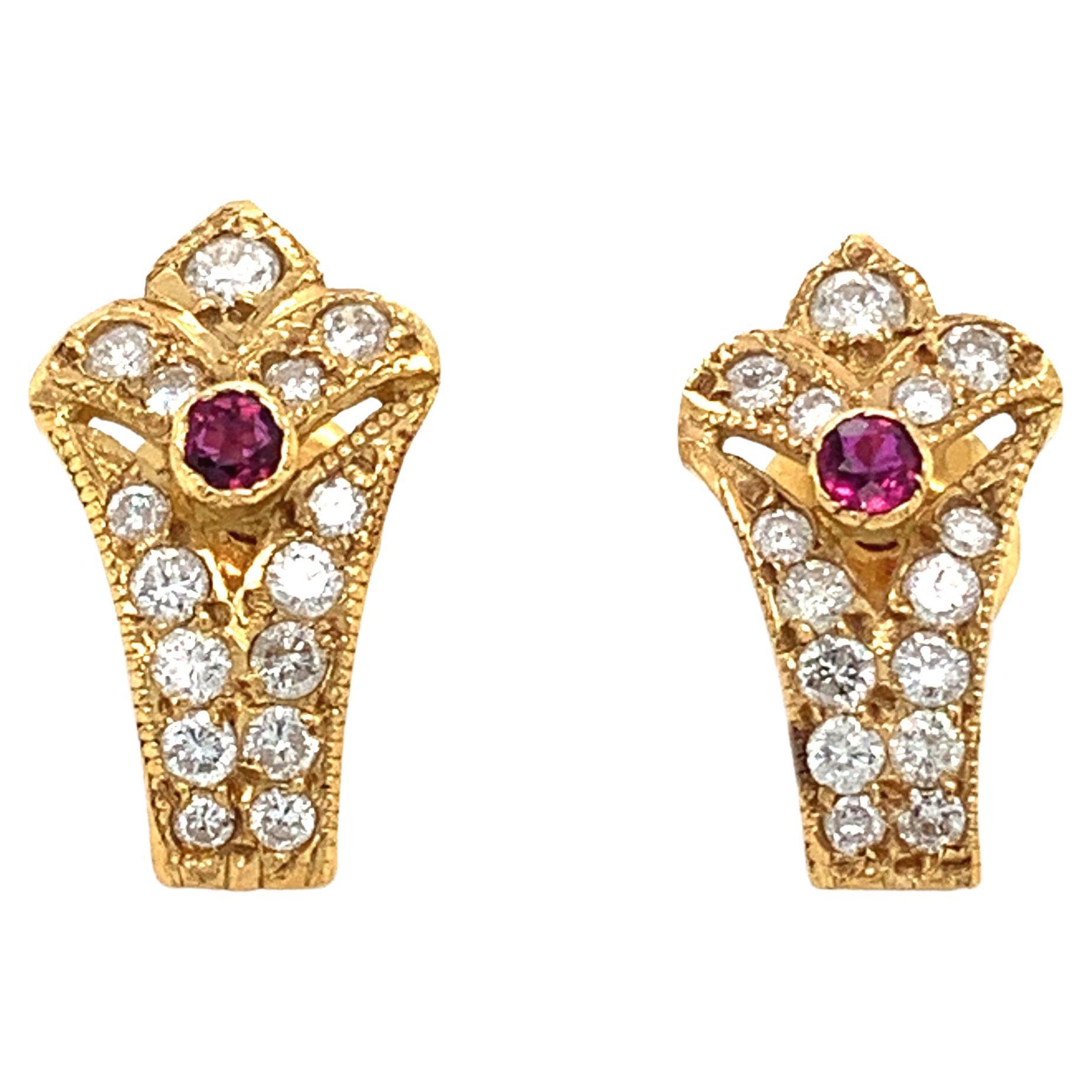 Ruby diamonds art deco studs earrings 18k yellow gold For Sale