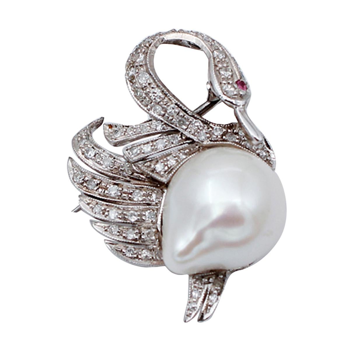 Ruby Diamonds Baroque Pearl, 14kt White Gold Swan Shaped Brooch/Pendant Necklace