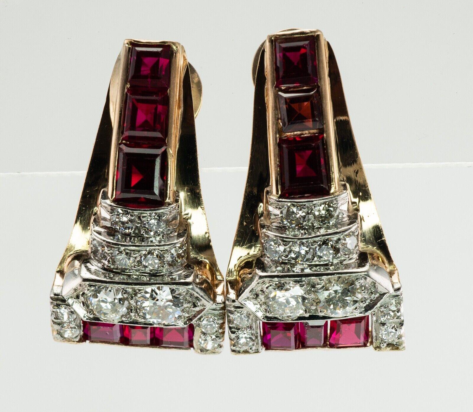 Ruby Diamonds Earrings 14K Gold Retro Vintage

These earrings are crafted in solid 14K Yellow gold.
Each earring is set with 12 diamonds.
Two bigger old cut diamonds (high culets) are .15 carat each.
Ten more round brilliant cut diamonds total .22