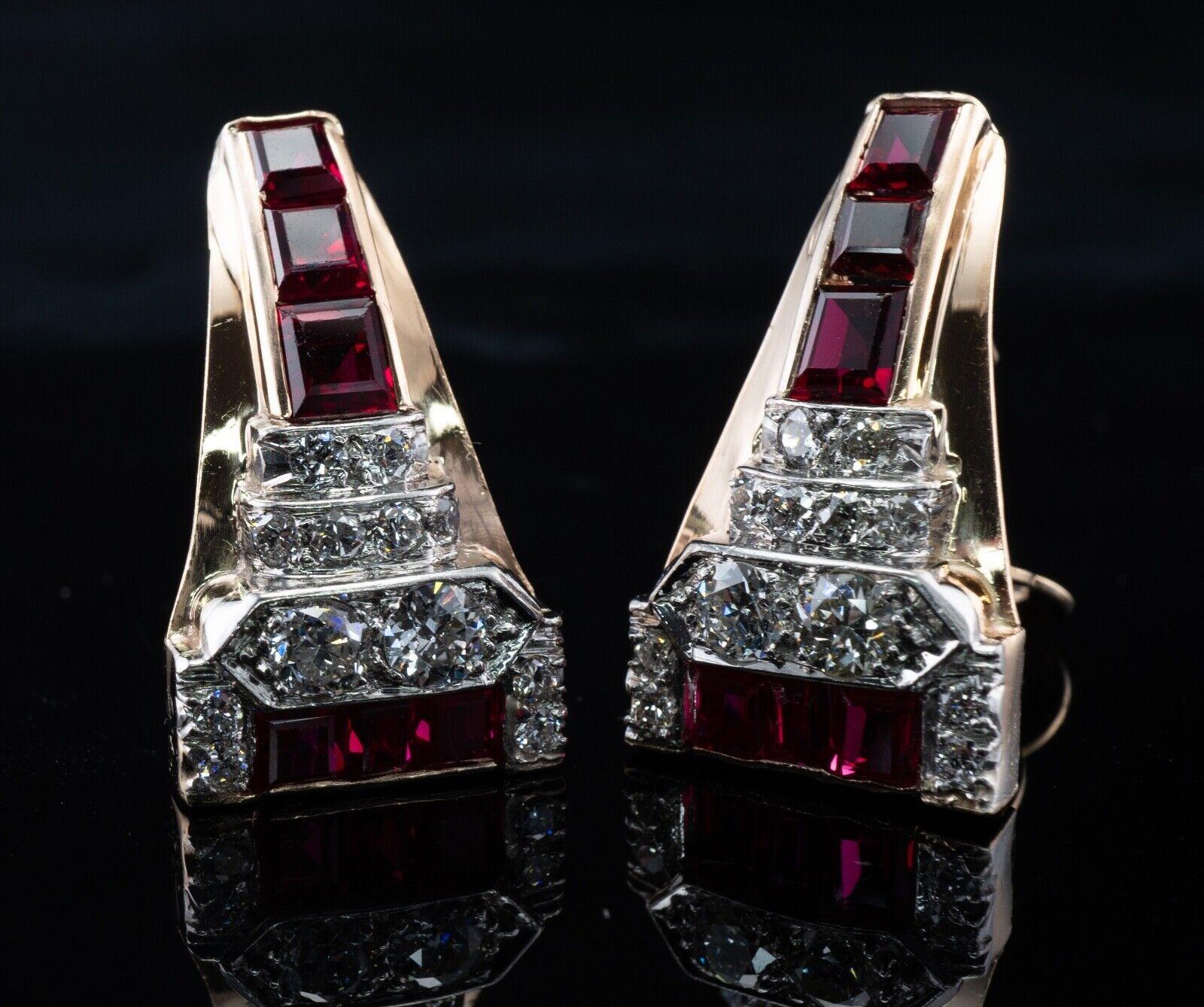 Art Deco Ruby Diamonds Earrings 14K Gold Retro Vintage For Sale