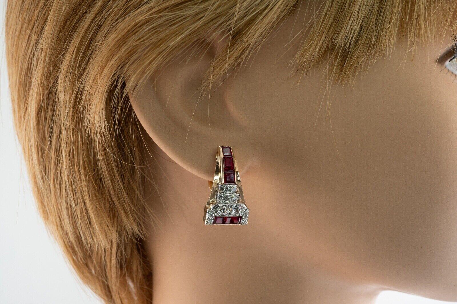 Mixed Cut Ruby Diamonds Earrings 14K Gold Retro Vintage For Sale