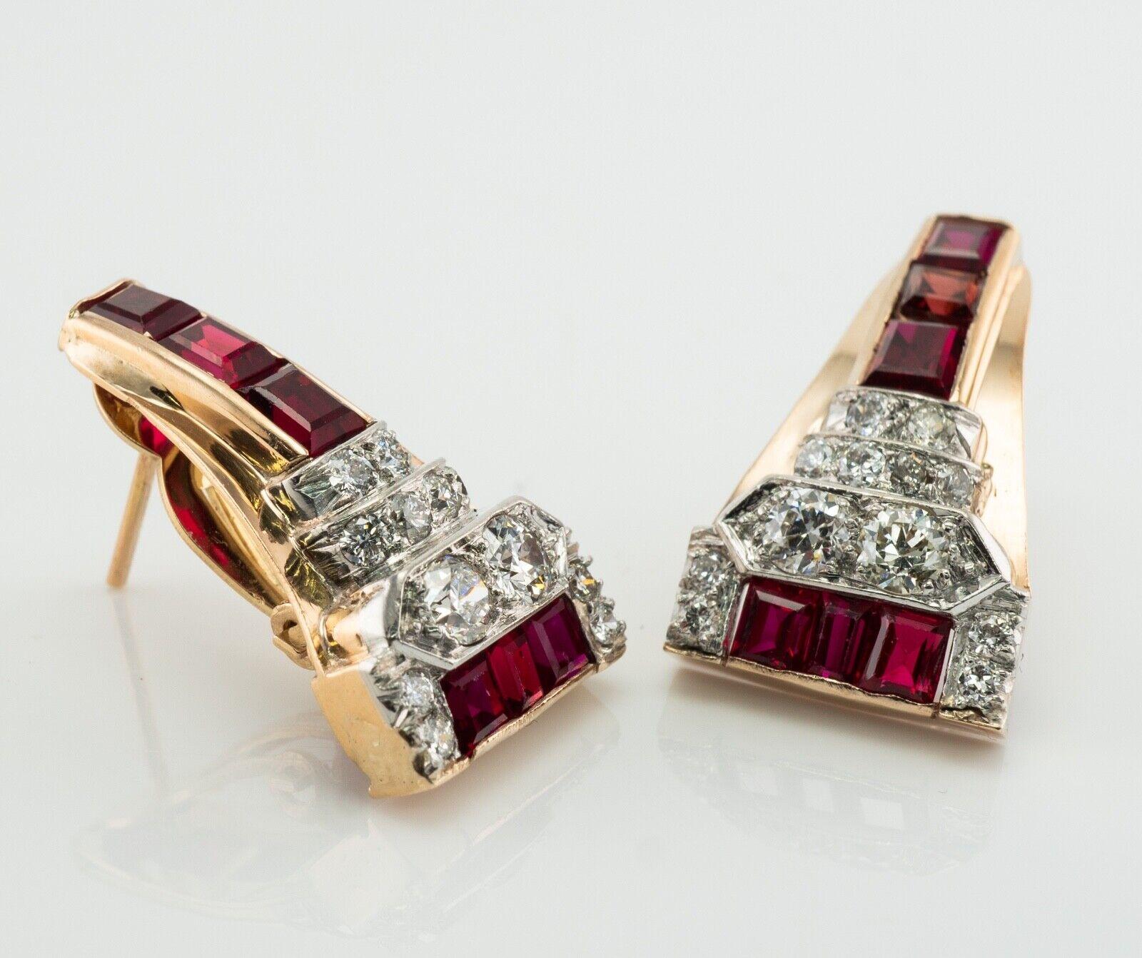 Women's Ruby Diamonds Earrings 14K Gold Retro Vintage For Sale