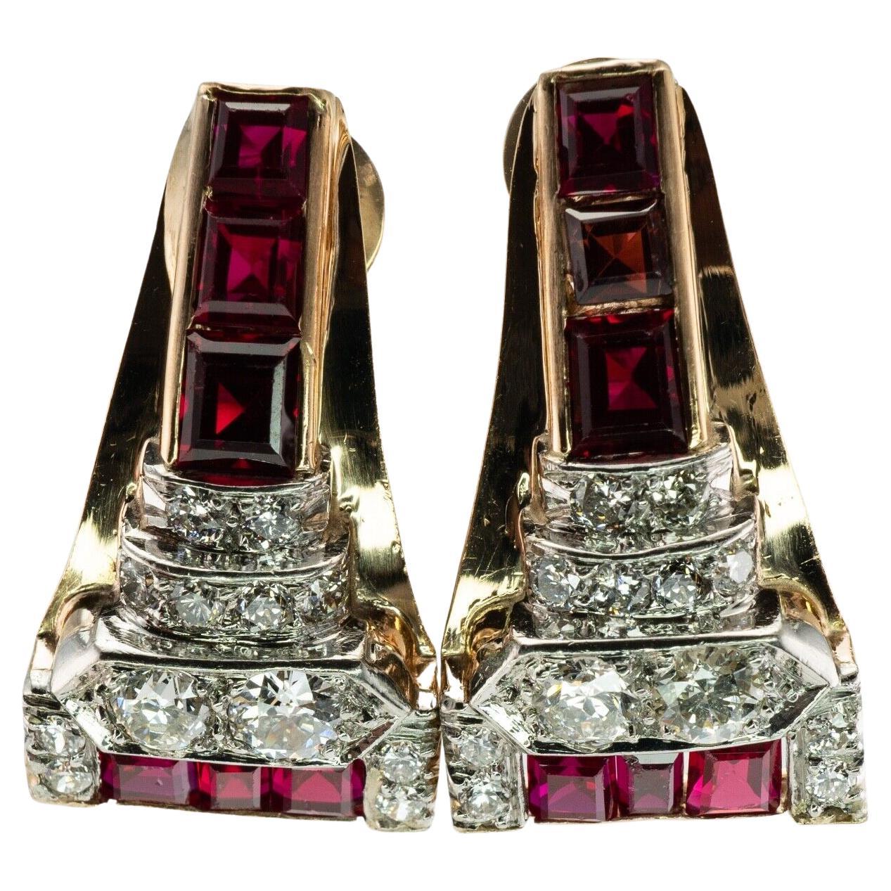 Boucles d'oreilles Rubis Diamants Or 14K Rétro Vintage