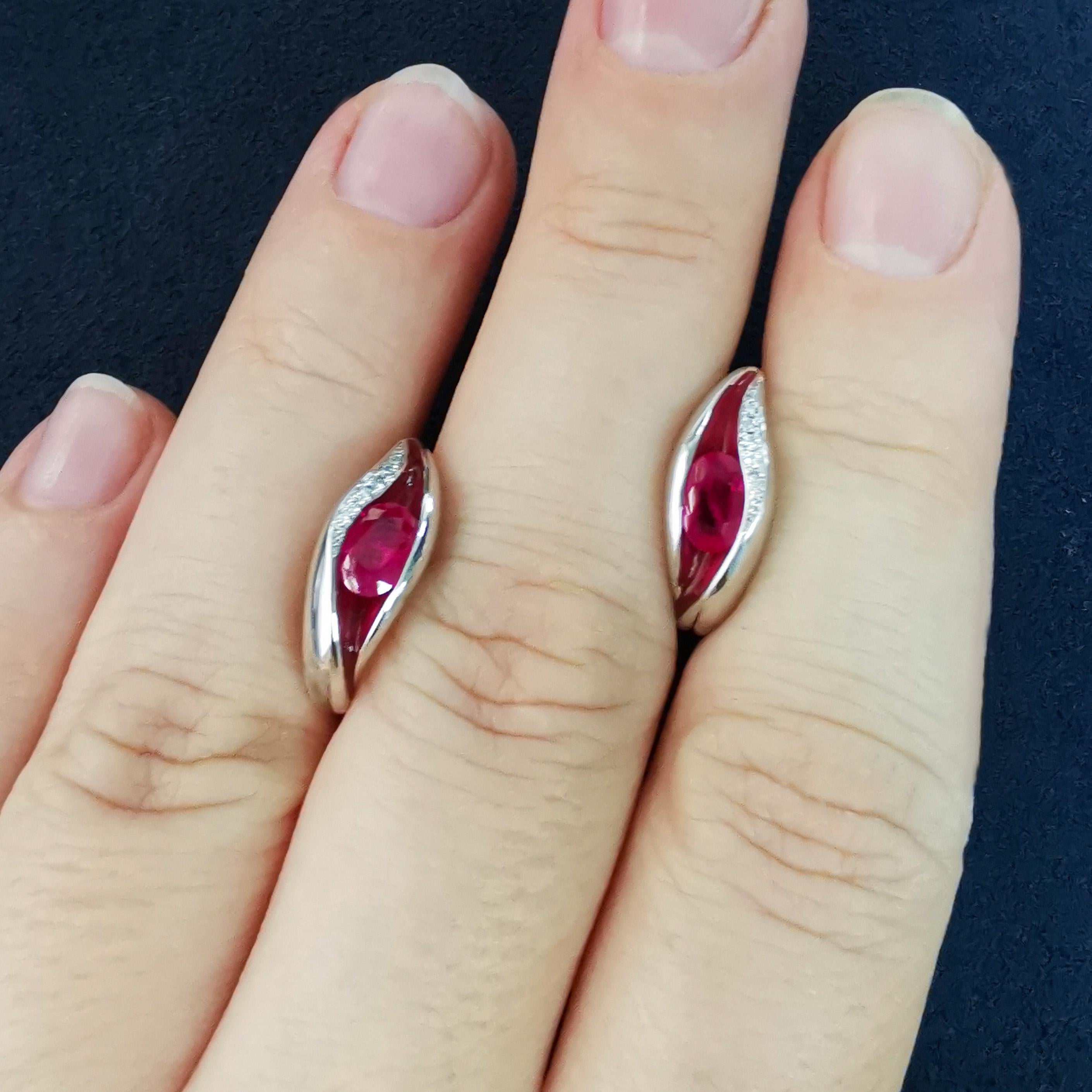 Oval Cut Ruby Diamonds Enamel 18 Karat White Gold Melted Colors Earrings