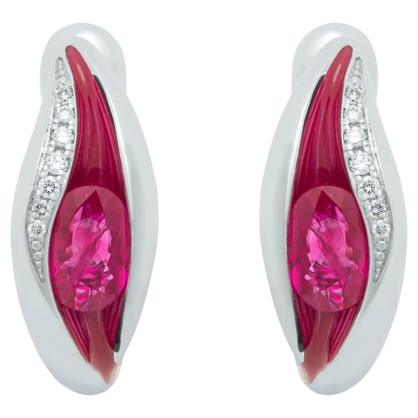 Ruby Diamonds Enamel 18 Karat White Gold Melted Colors Earrings For Sale