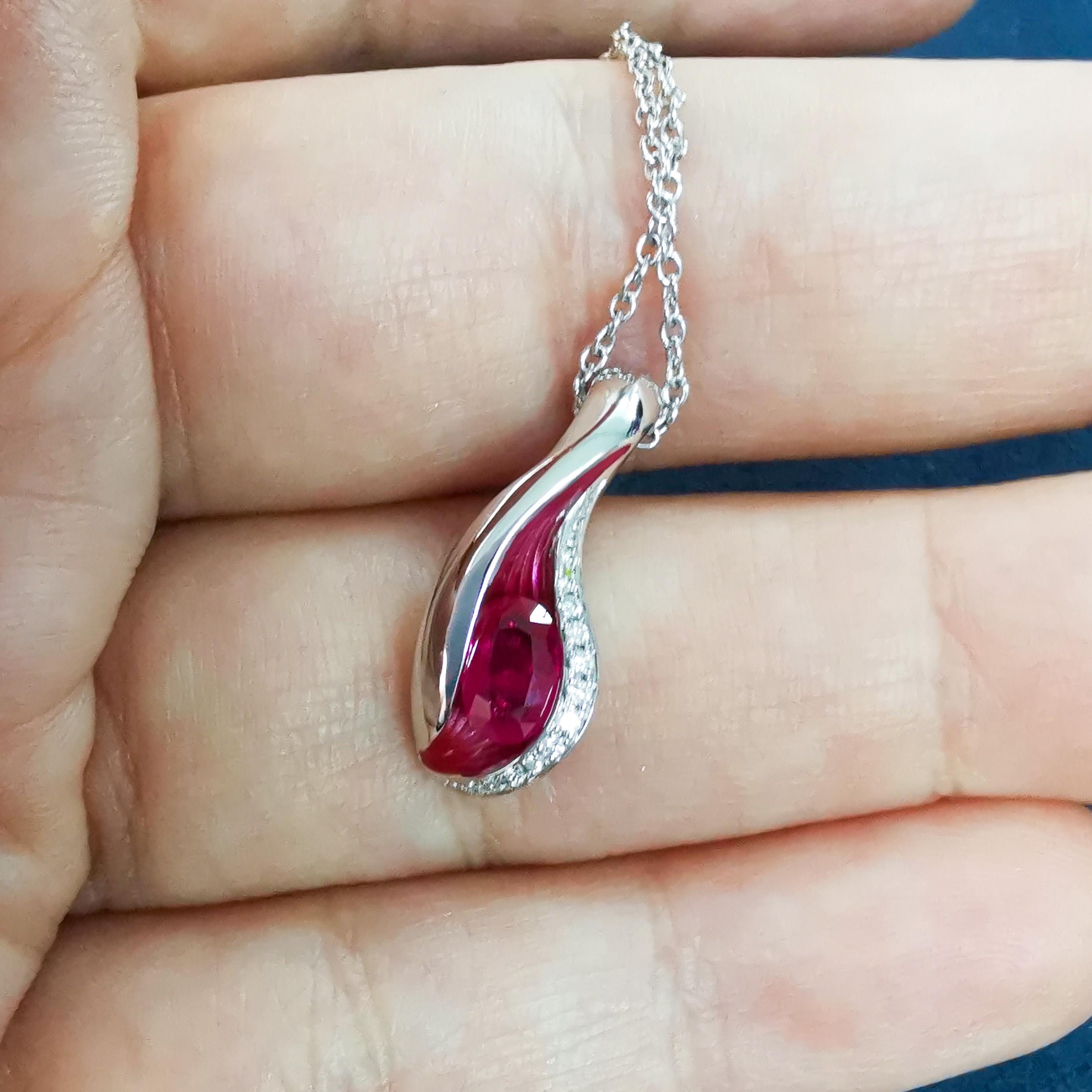 Oval Cut Ruby Diamonds Enamel 18 Karat White Gold Melted Colors Pendant For Sale