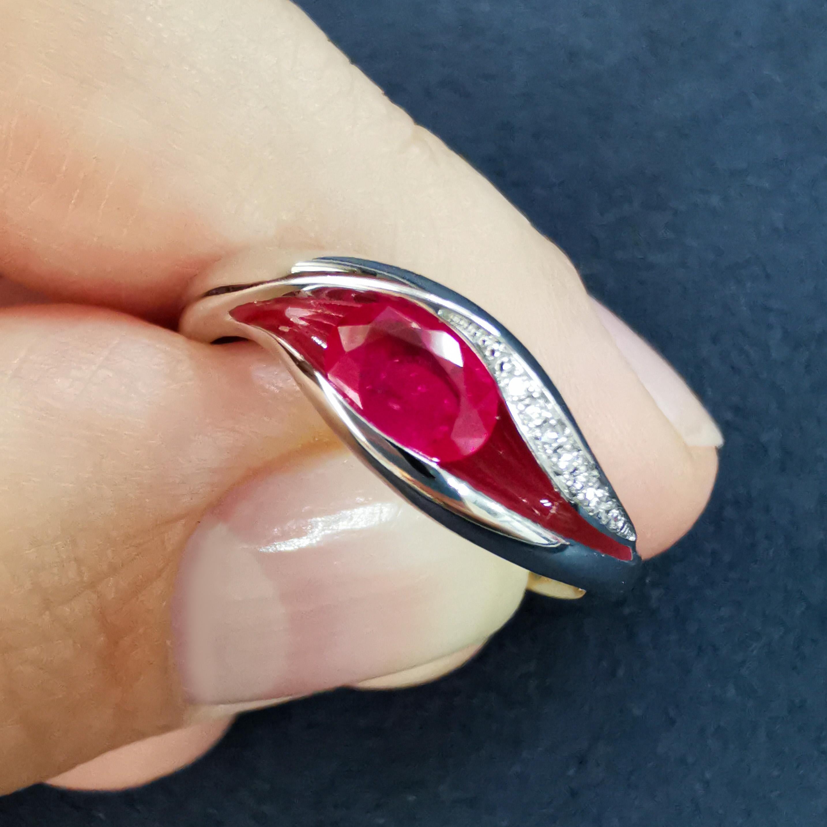 Ruby Diamonds Enamel 18 Karat White Gold Melted Colors Ring In New Condition For Sale In Bangkok, TH