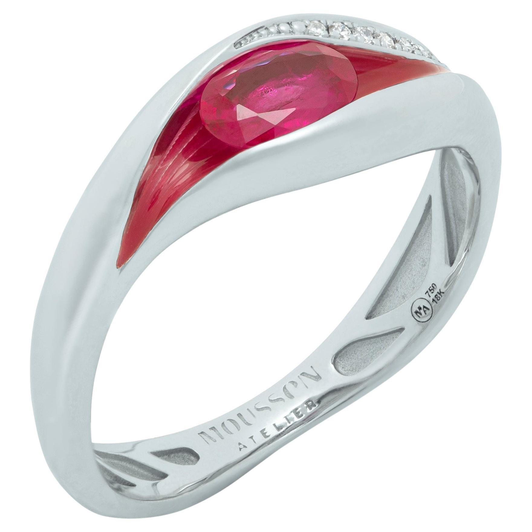 Rubin-Diamant-Emaille-Ring aus 18 Karat Weißgold mit Melt-Farben im Angebot