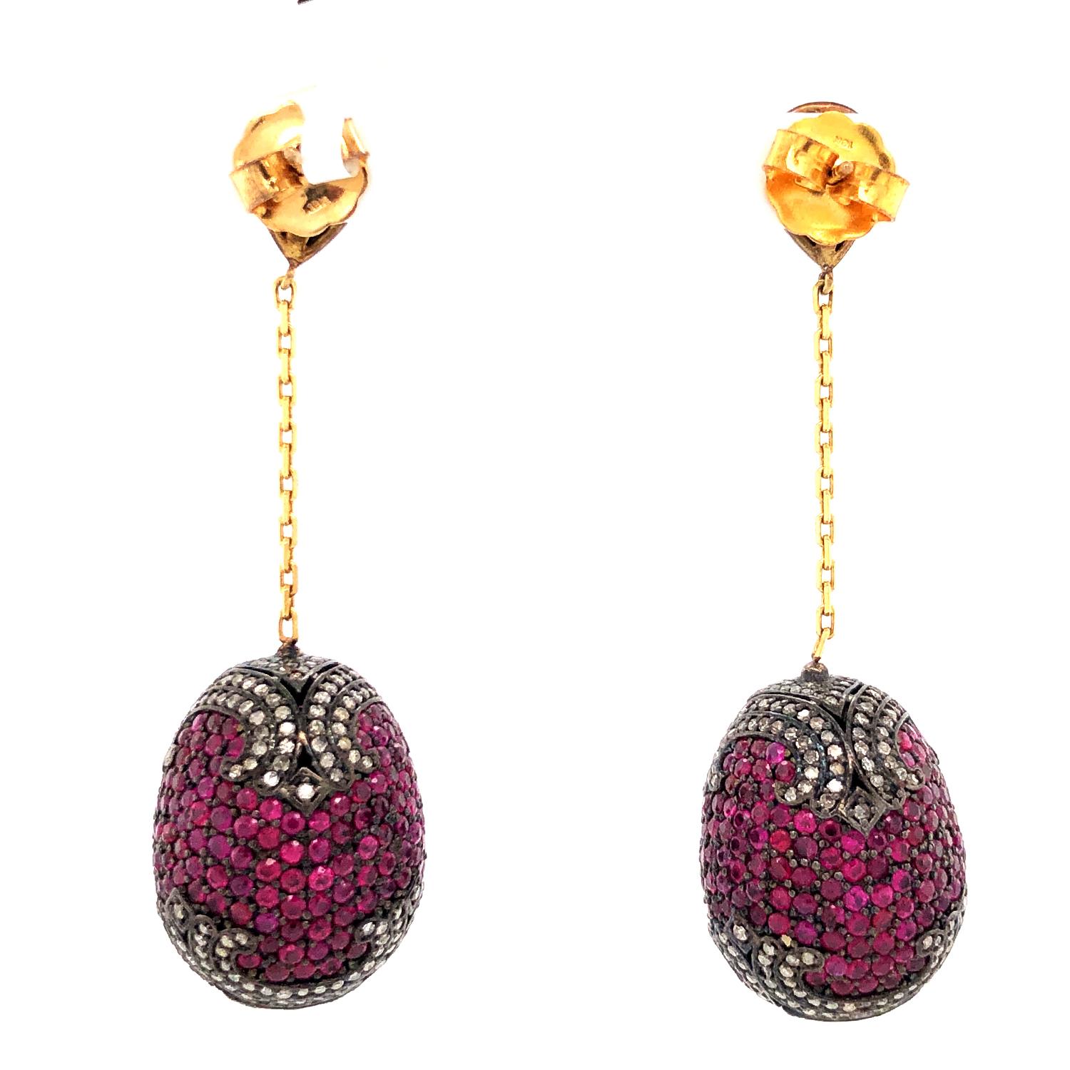 Art Deco Ruby & Diamonds Pave Ball Dangle Earrings Made In 18k Gold & Silver For Sale