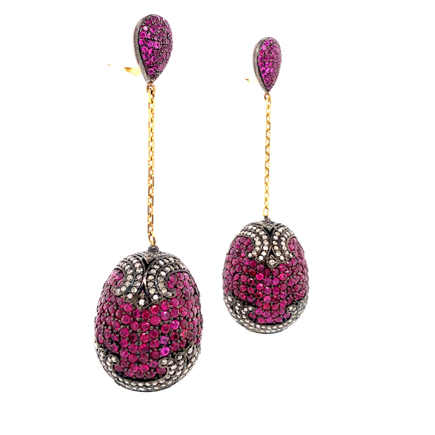 Mixed Cut Ruby & Diamonds Pave Ball Dangle Earrings Made In 18k Gold & Silver For Sale